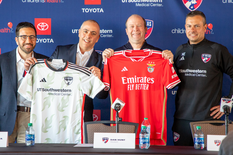 Left to right: FC Dallas Technical Director Andre Zanotta, Benfica Country Business Manager Leonardo Scabin, FC Dallas President Dan Hunt, and FC Dallas Head Coach Nico Estevez. (Courtesy FC Dallas)