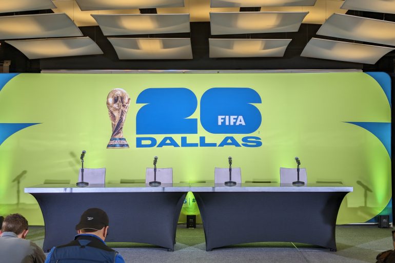 The podium for the schedule announcement for the 2026 FIFA World Cup at AT&T Stadium on February 4, 2024 (Dan Crooke)