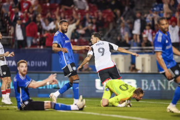 Petar Musa initially celebrates before his goal is ruled out for offside. VAR later awarded the goal against CF Montreal (FC Dallas Communications)