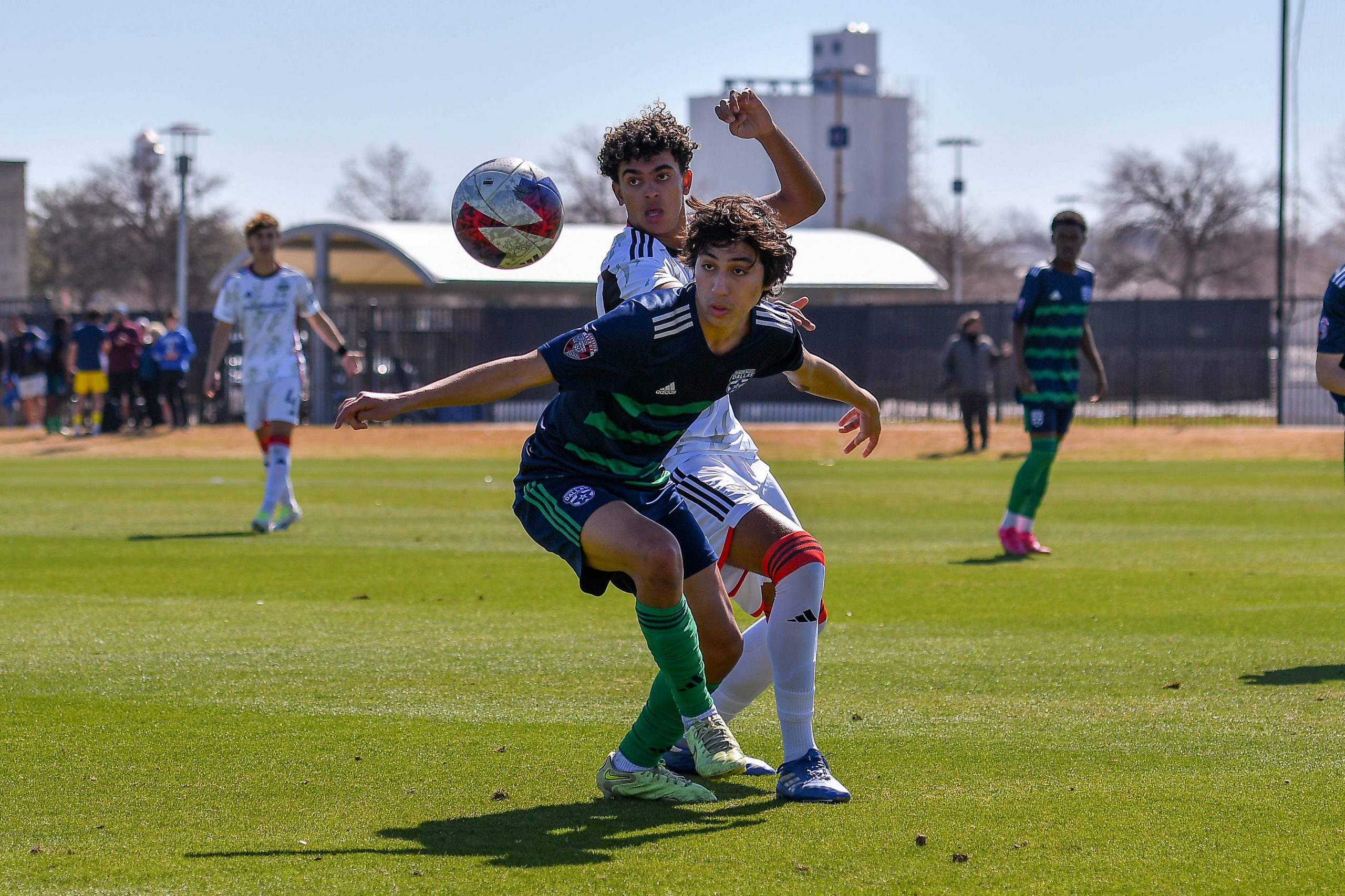 FC Dallas U17 defender Lucas Cavalcante (18) pokes the ball loose in the MLS Next match against Dallas Hornets on Saturday, March 2, 2024 at Toyota Soccer Center. (Daniel McCullough, 3rd Degree)