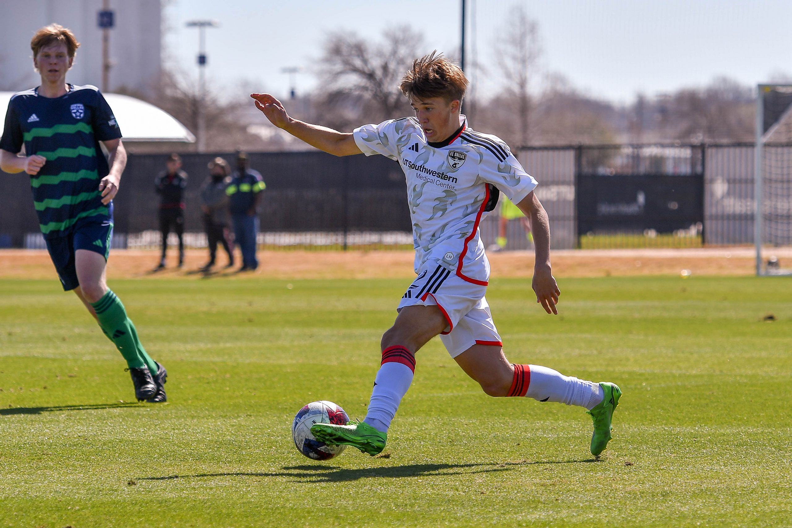 FC Dallas U17 midfielder Caleb Swann (12) cuts to his right in the MLS Next match against Dallas Hornets on Saturday, March 2, 2024 at Toyota Soccer Center. (Daniel McCullough, 3rd Degree)
