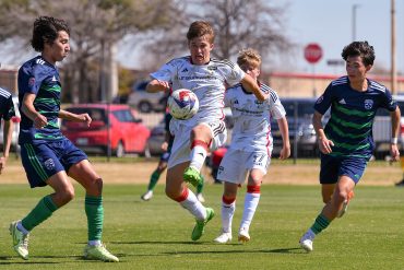 FC Dallas U17 midfielder Caleb Swann (12) stretches out for the ball in the MLS Next match against Dallas Hornets on Saturday, March 2, 2024 at Toyota Soccer Center. (Daniel McCullough, 3rd Degree)