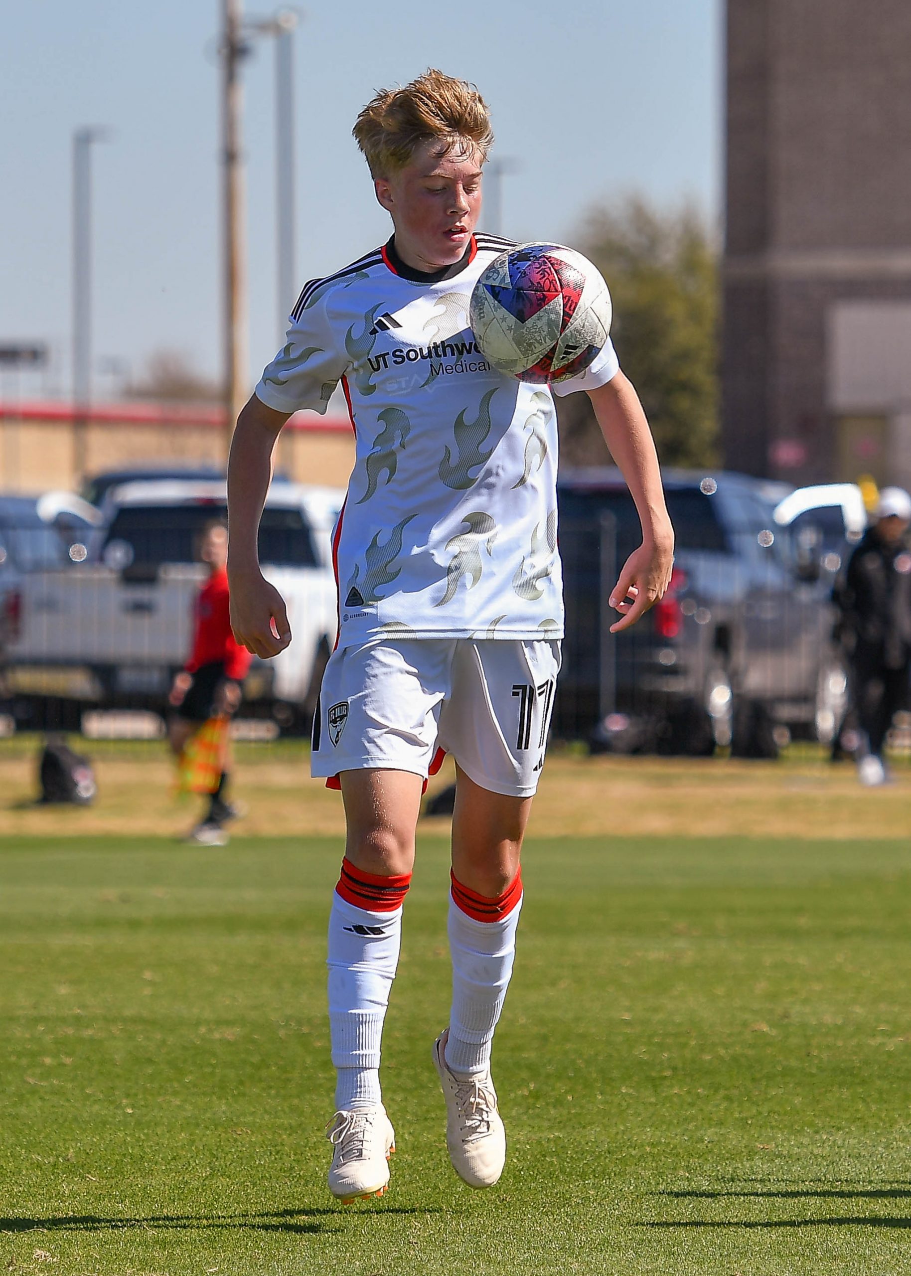FC Dallas U17 midfielder Bryce Outman (17) chests the ball in the MLS Next match against Dallas Hornets on Saturday, March 2, 2024 at Toyota Soccer Center. (Daniel McCullough, 3rd Degree)