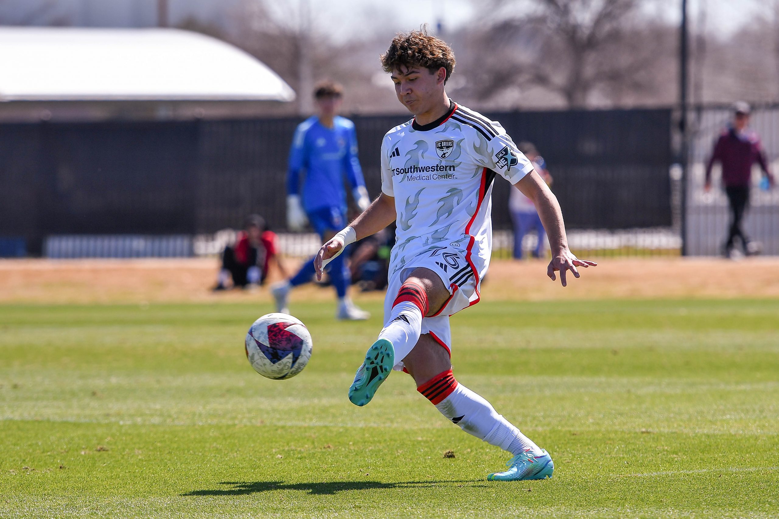 FC Dallas U17 defender Jonathan Dozier (26) kicks the ball up field in the MLS Next match against Dallas Hornets on Saturday, March 2, 2024 at Toyota Soccer Center. (Daniel McCullough, 3rd Degree)