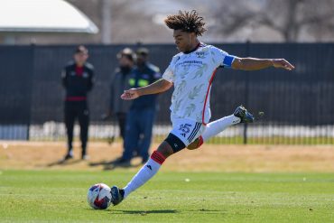 FC Dallas U17 defender Ian Charles (15) sends a long ball up field in the MLS Next match against Dallas Hornets on Saturday, March 2, 2024 at Toyota Soccer Center. (Daniel McCullough, 3rd Degree)