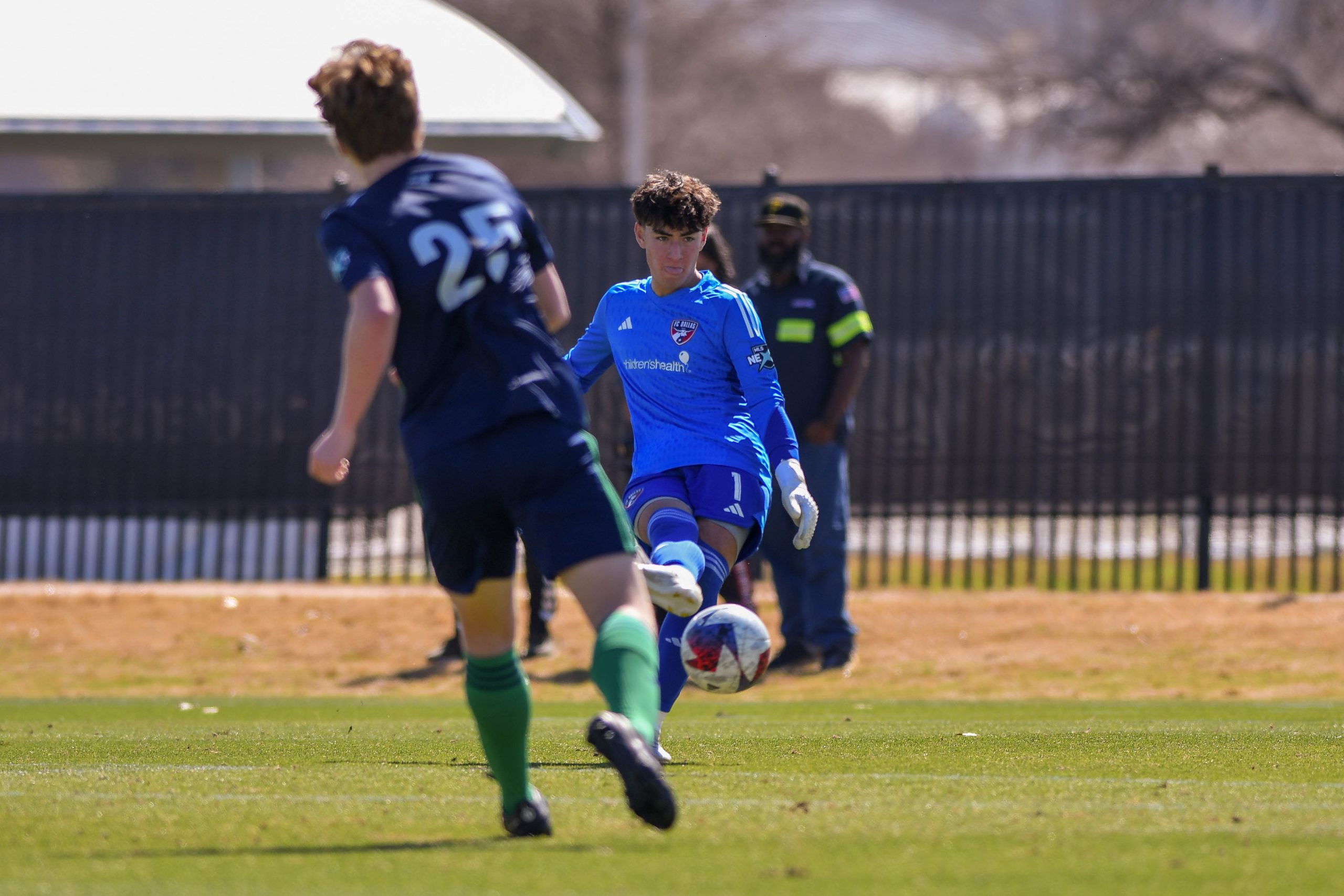 FC Dallas U17 goalkeeper Blake Wheeler (1) passes out of the back in the MLS Next match against Dallas Hornets on Saturday, March 2, 2024 at Toyota Soccer Center. (Daniel McCullough, 3rd Degree)