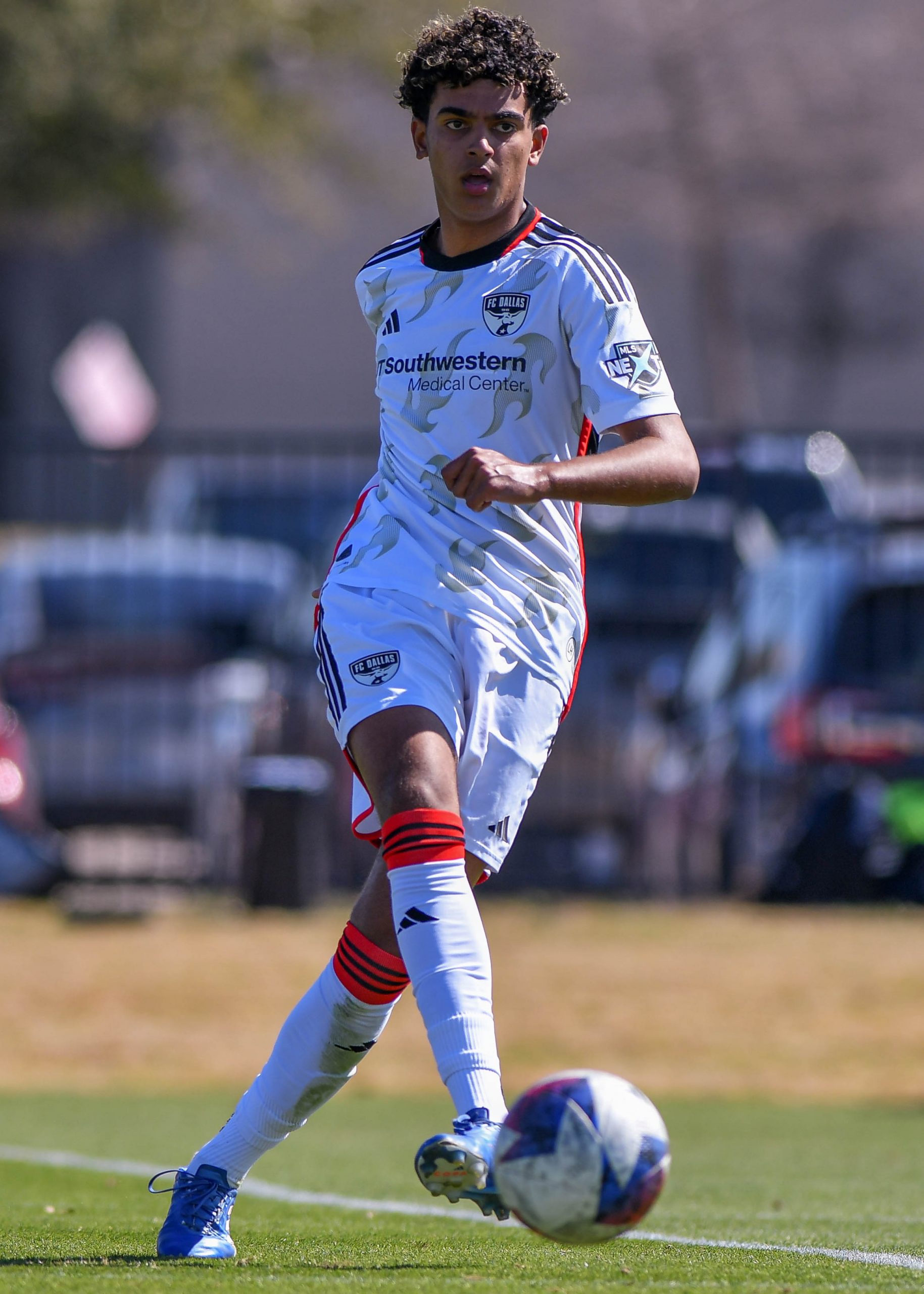 FC Dallas U17 defender Lucas Cavalcante (18) passes across the midfield in the MLS Next match against Dallas Hornets on Saturday, March 2, 2024 at Toyota Soccer Center. (Daniel McCullough, 3rd Degree)