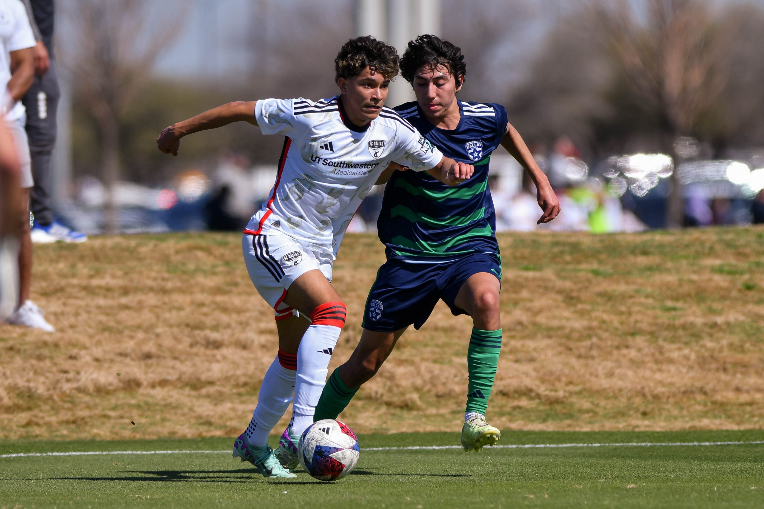 FC Dallas U17 forward Josmar Guandique (19) dribbles away from goal in the MLS Next match against Dallas Hornets on Saturday, March 2, 2024 at Toyota Soccer Center. (Daniel McCullough, 3rd Degree)