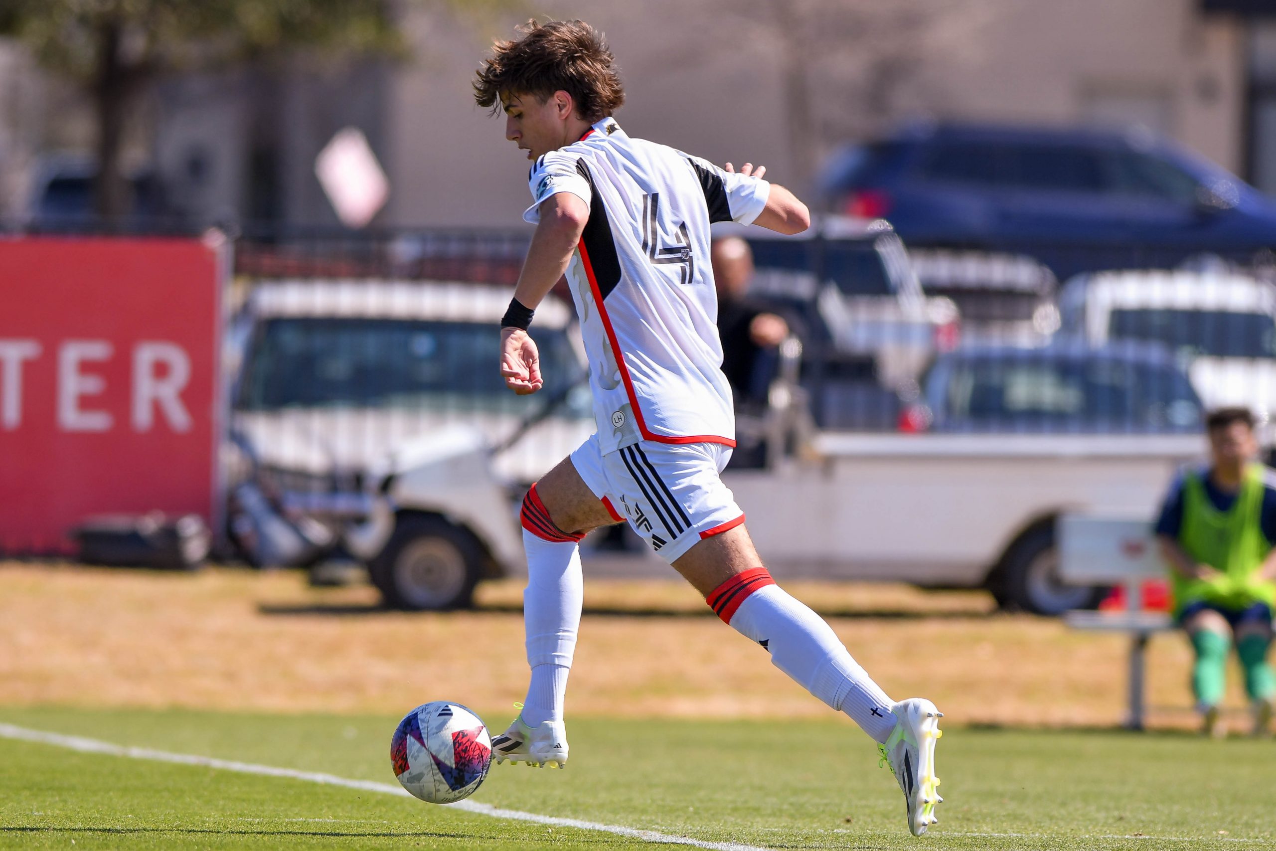 FC Dallas U17 defender Kaka Scabin (4) dribbles across the center line in the MLS Next match against Dallas Hornets on Saturday, March 2, 2024 at Toyota Soccer Center. (Daniel McCullough, 3rd Degree)
