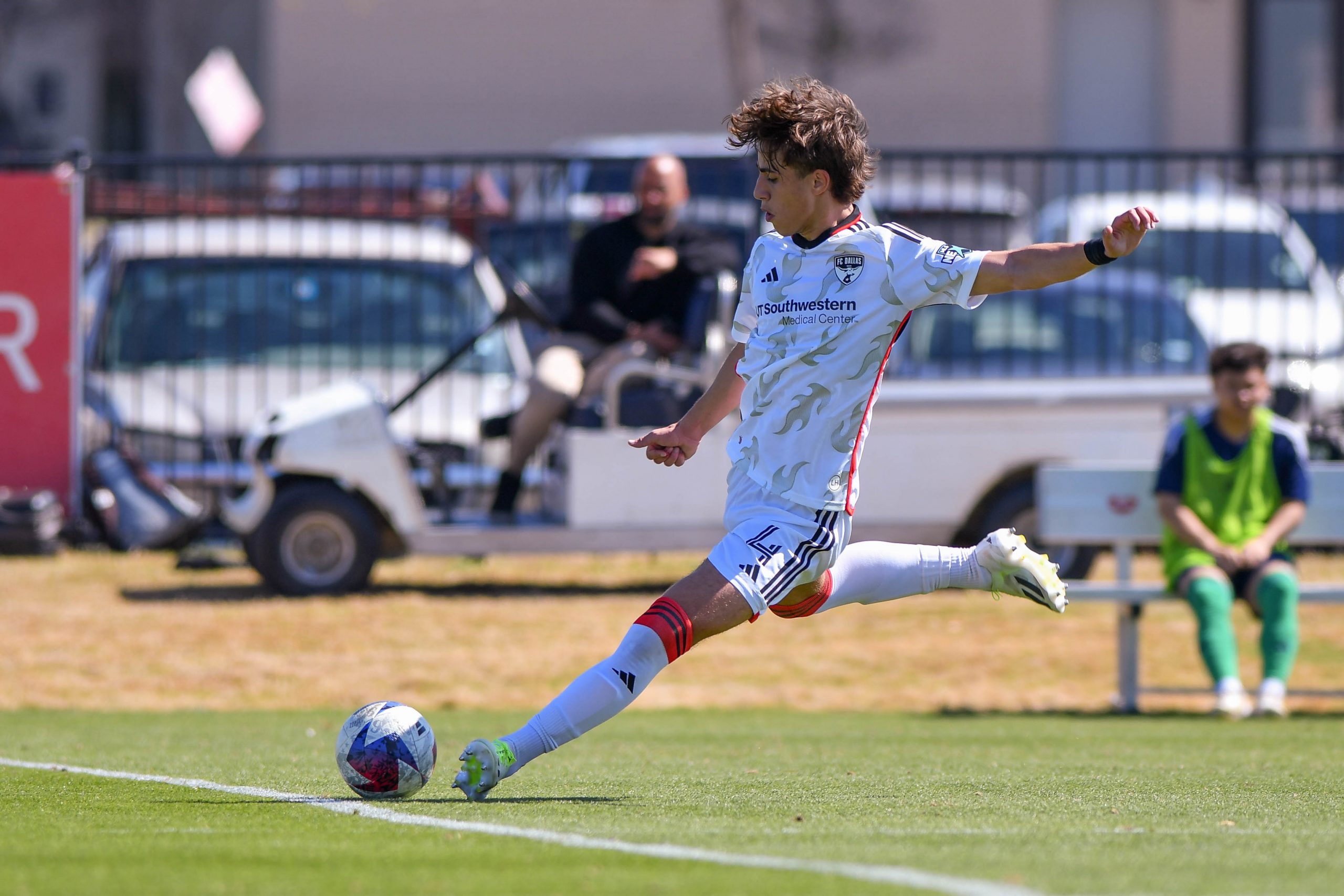 FC Dallas U17 defender Kaka Scabin (4) sends a long ball into the box in the MLS Next match against Dallas Hornets on Saturday, March 2, 2024 at Toyota Soccer Center. (Daniel McCullough, 3rd Degree)