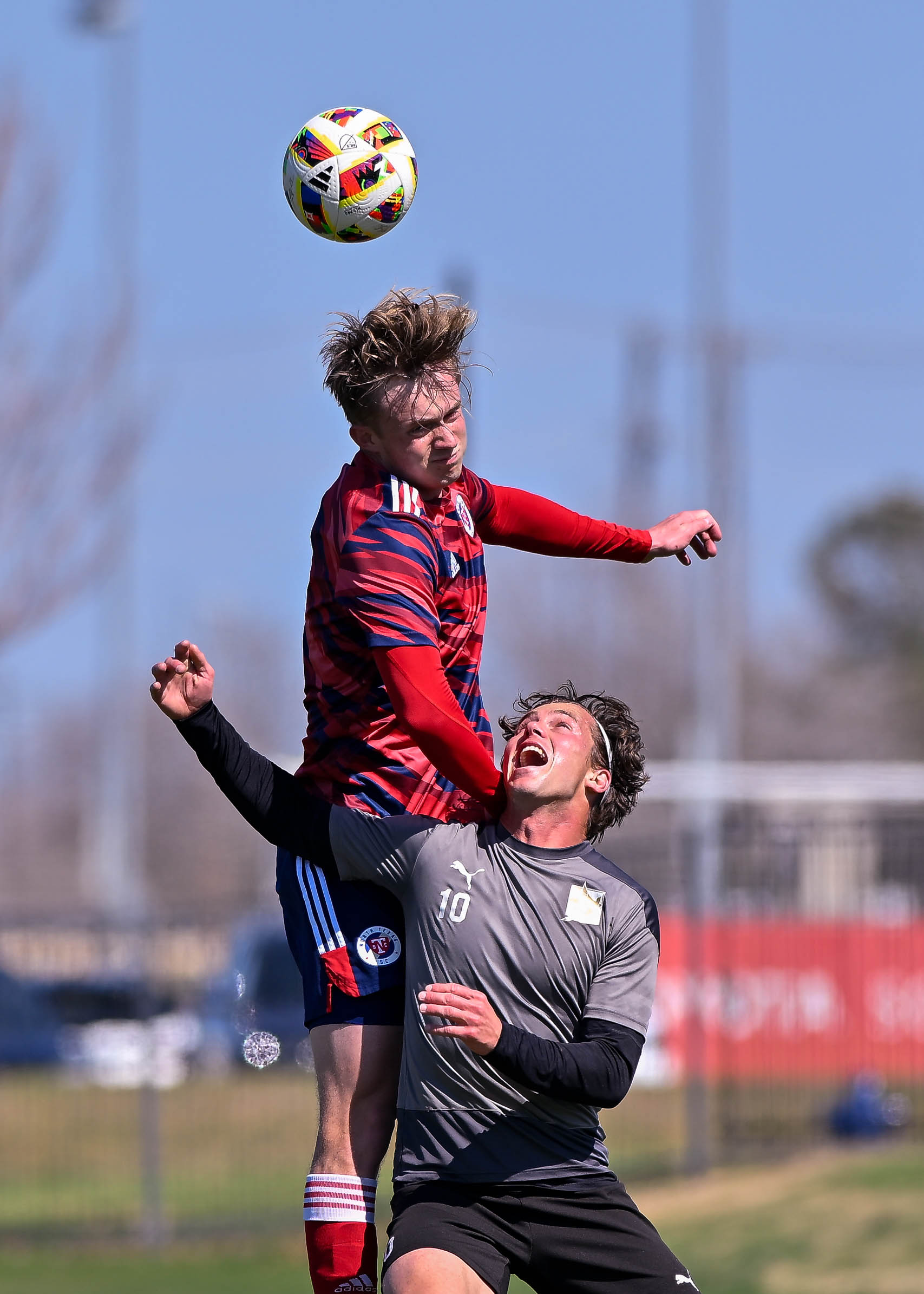 North Texas SC defender Mads Westergren wins the header in the preseason friendly against FC Tulsa at Toyota Soccer Center on Saturday, March 9, 2024. (Daniel McCullough, 3rd Degree)