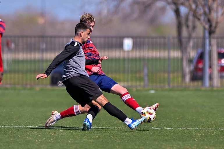 North Texas SC defender Mads Westergren blocks a pass in the preseason friendly against FC Tulsa at Toyota Soccer Center on Saturday, March 9, 2024. (Daniel McCullough, 3rd Degree)