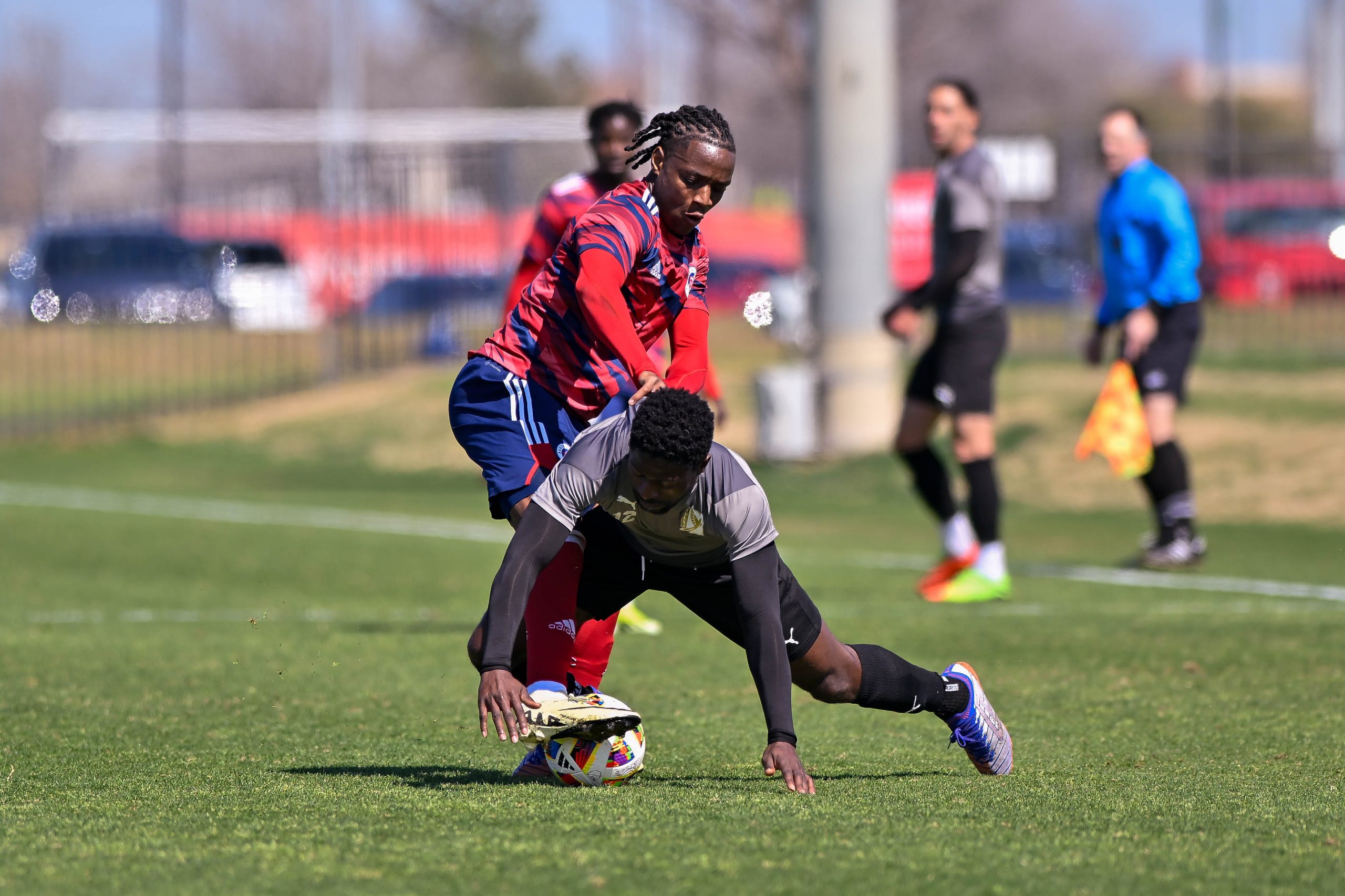 North Texas SC midfielder commits a foul in the preseason friendly against FC Tulsa at Toyota Soccer Center on Saturday, March 9, 2024. (Daniel McCullough, 3rd Degree)
