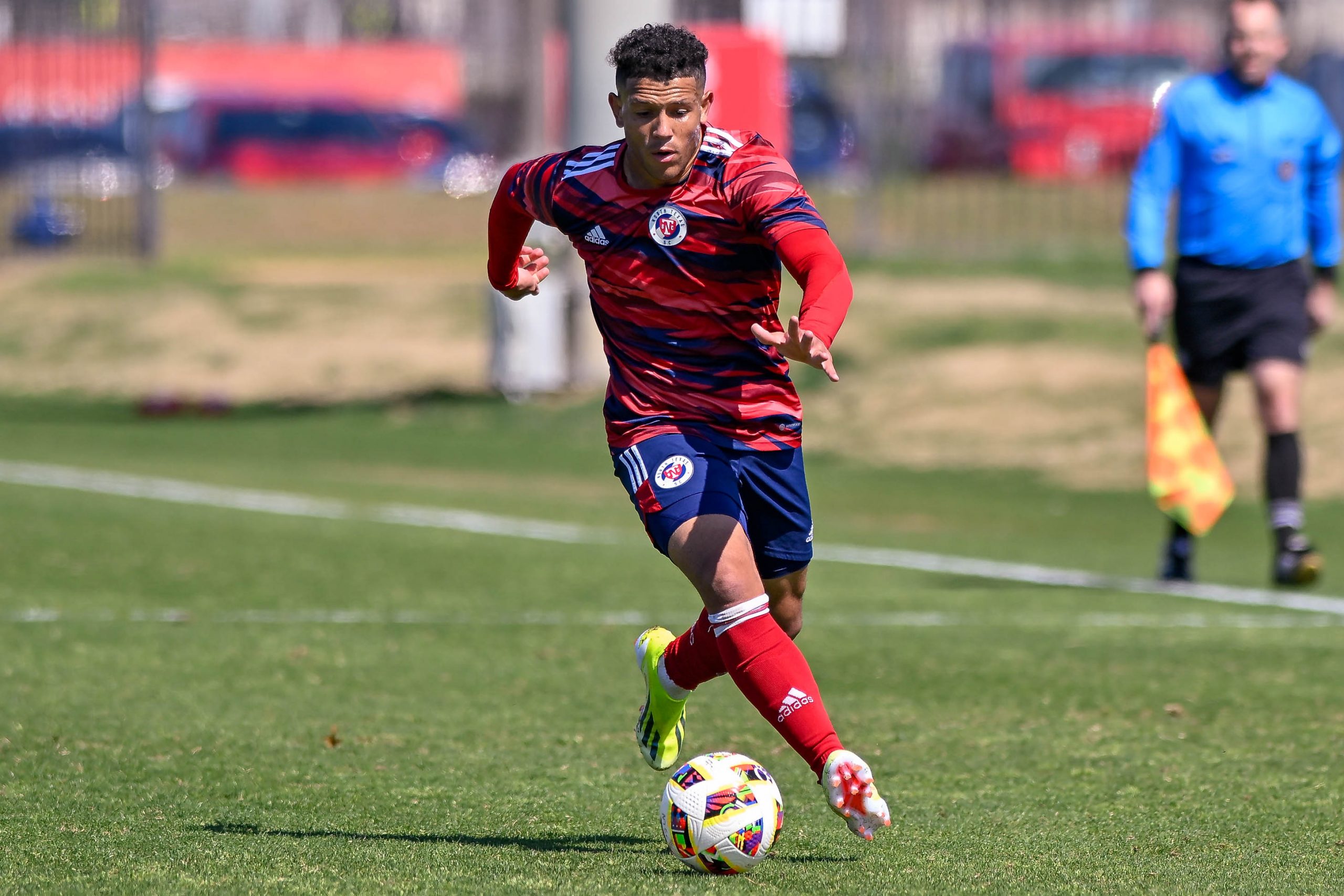 North Texas defender Isaiah Parker dribbled up field in the preseason friendly against FC Tulsa at Toyota Soccer Center on Saturday, March 9, 2024. (Daniel McCullough, 3rd Degree)