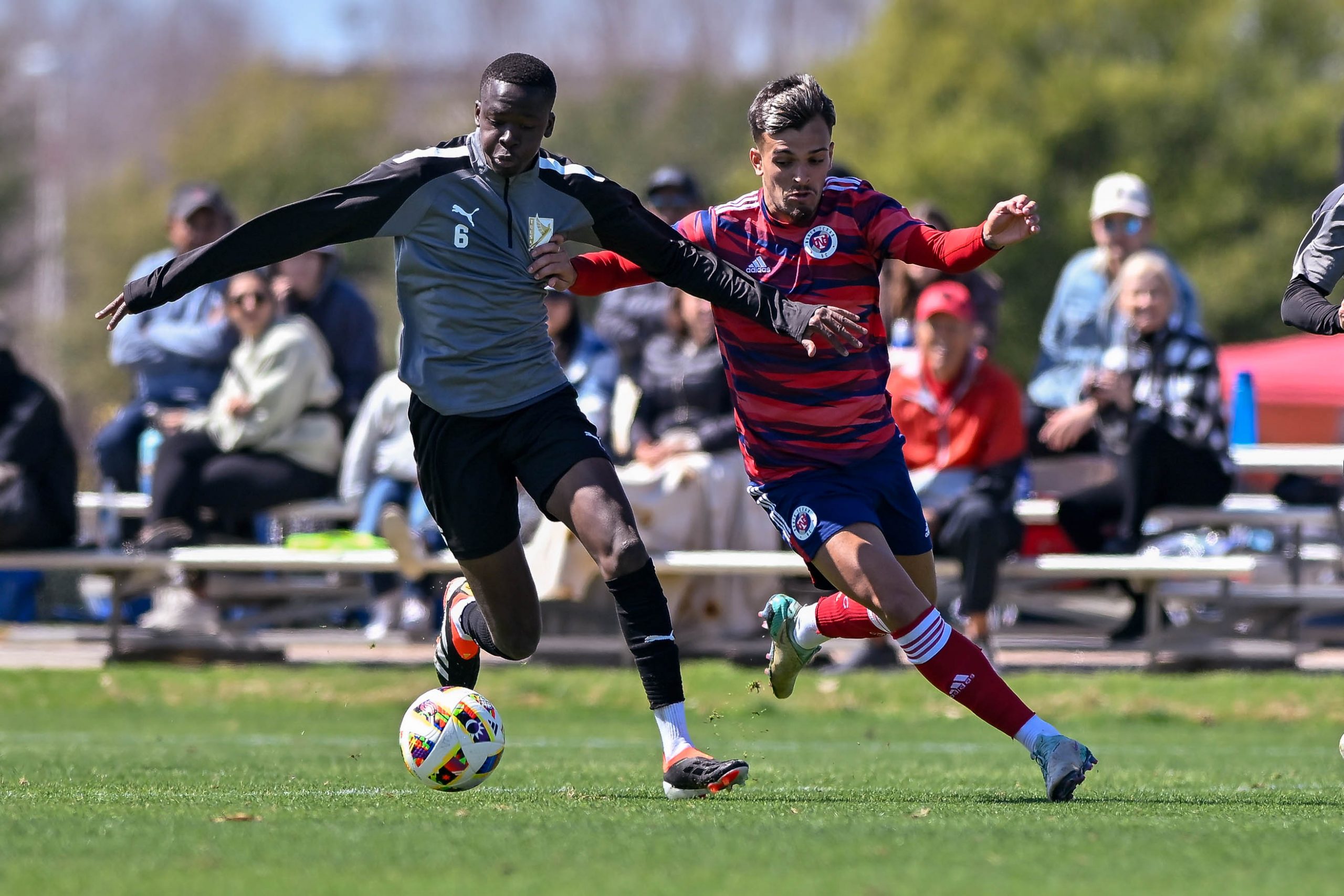 North Texas midfielder Nick Mendonca pressures the defender in the preseason friendly against FC Tulsa at Toyota Soccer Center on Saturday, March 9, 2024. (Daniel McCullough, 3rd Degree)
