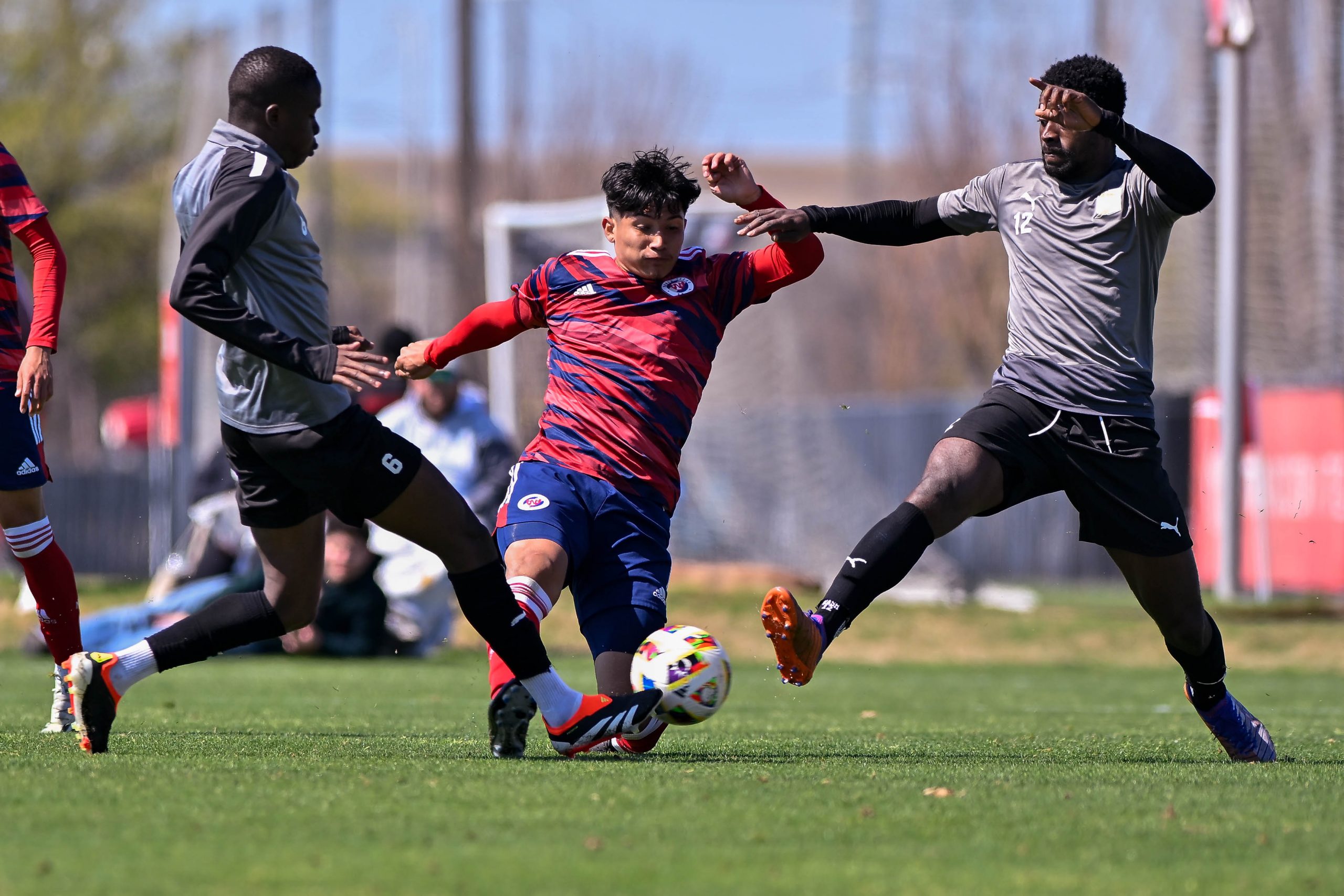 North Texas SC forward Diego Pepi’s shot is blocked in the preseason friendly against FC Tulsa at Toyota Soccer Center on Saturday, March 9, 2024. (Daniel McCullough, 3rd Degree)