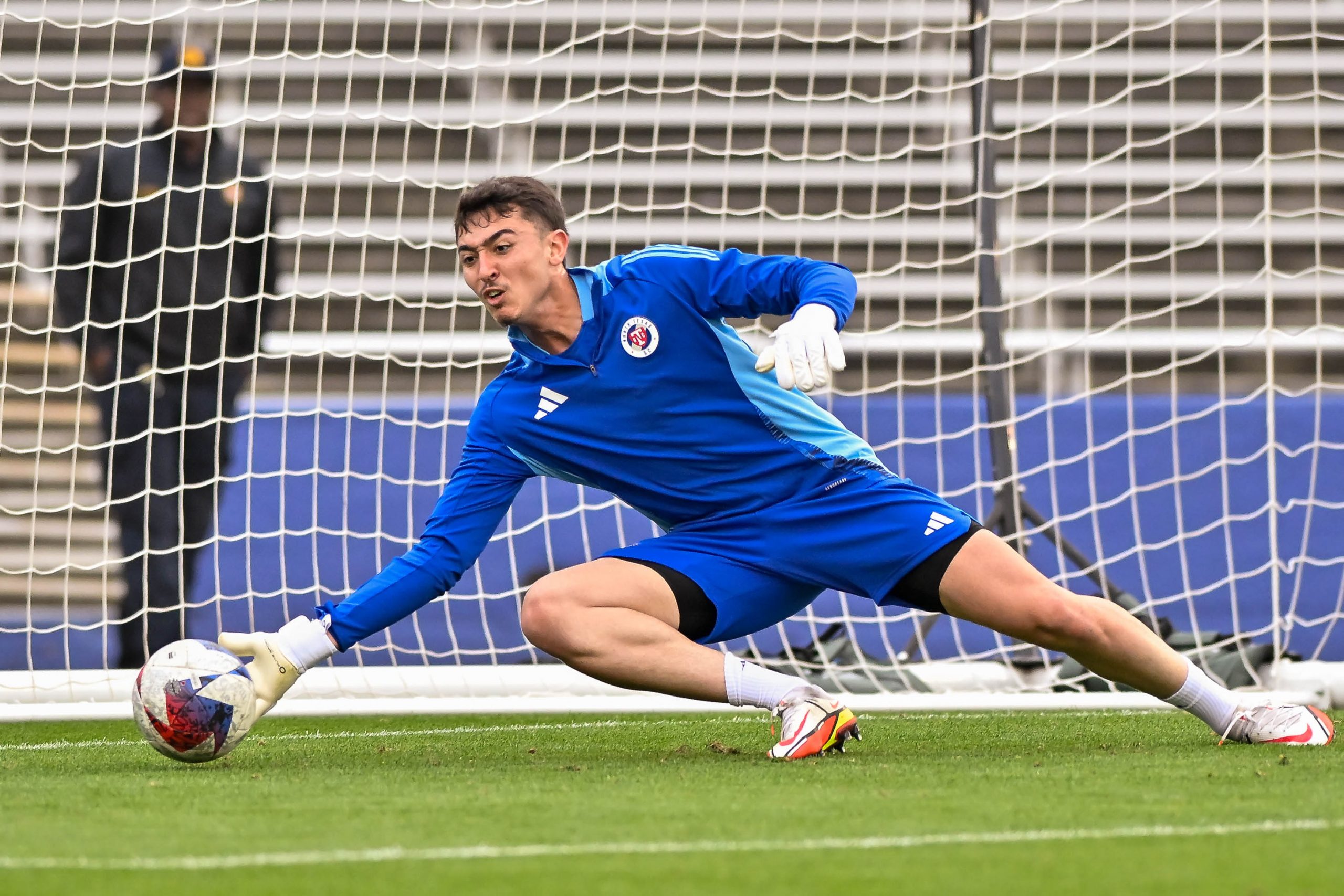 North Texas SC goalkeeper Victor Darub saves a shot during warmups before the Dallas Cup match against Tigers UANL at the Cotton Bowl on Sunday, March 24, 2024. (Daniel McCullough, 3rd Degree)