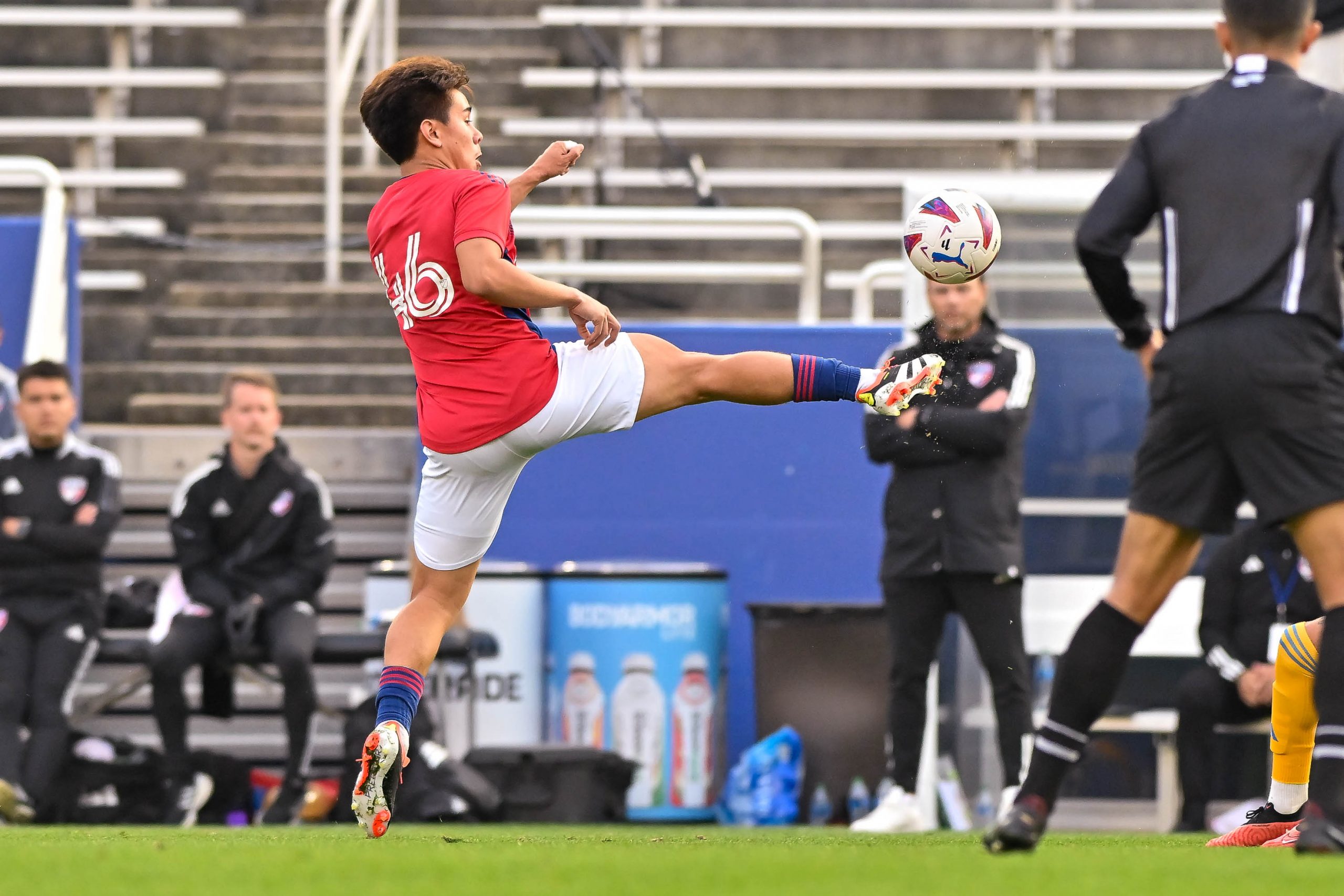 FC Dallas U19 midfielder Isaac Romero stretches out for the ball in the Dallas Cup match against Tigers UANL at the Cotton Bowl on Sunday, March 24,2024. (Daniel McCullough, 3rd Degree)