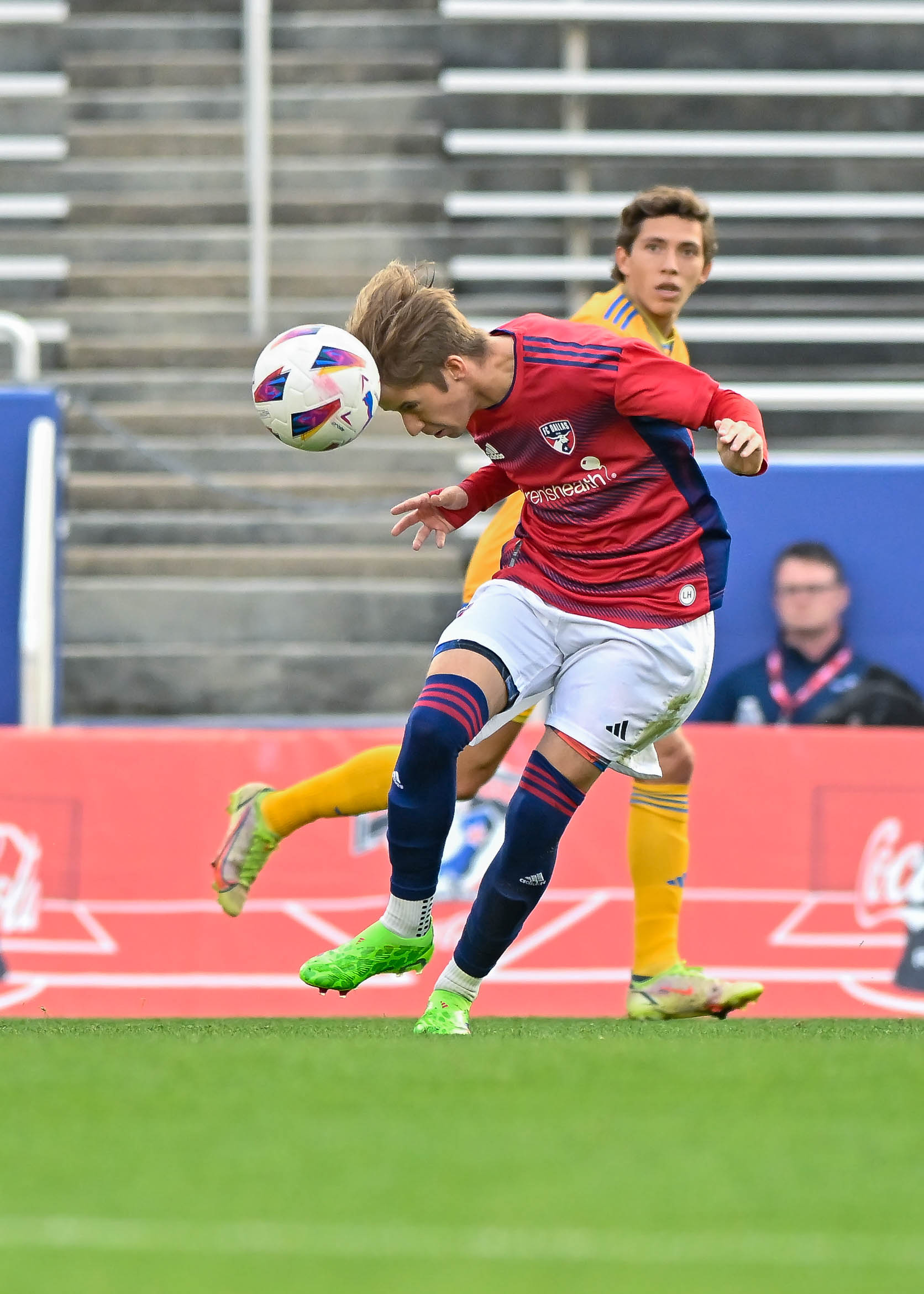 FC Dallas U19 midfielder Dylan Lacy heads the ball down in the Dallas Cup match against Tigers UANL at the Cotton Bowl on Sunday, March 24,2024. (Daniel McCullough, 3rd Degree)