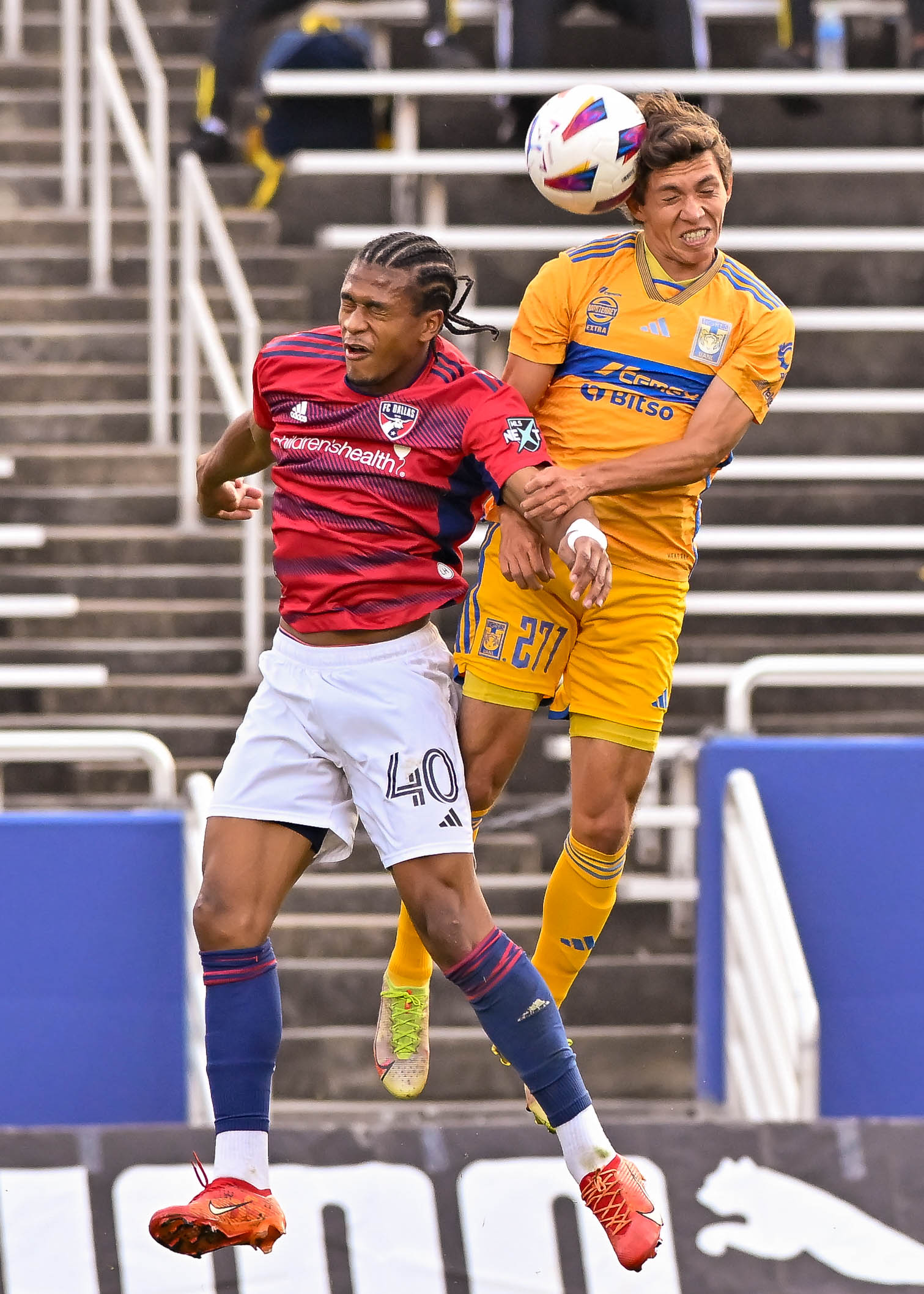 FC Dallas U19 defender Ishmael Nieves competes for the header in the Dallas Cup match against Tigers UANL at the Cotton Bowl on Sunday, March 24,2024. (Daniel McCullough, 3rd Degree)