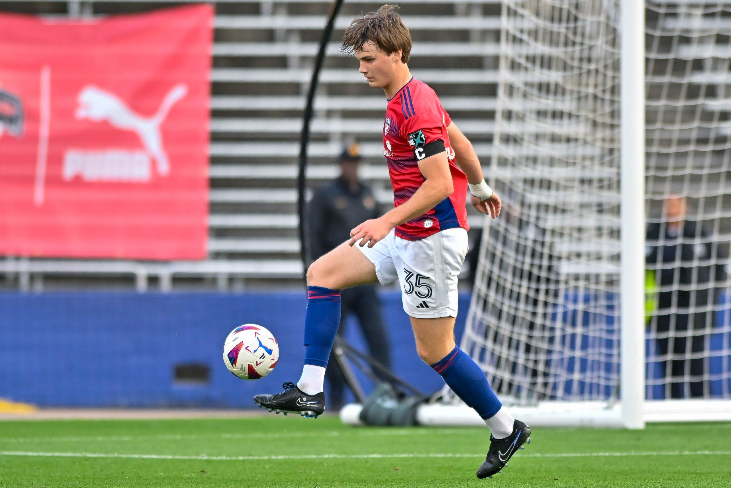 FC Dallas U19 defender Luke Shreiner receives a pass in the Dallas Cup match against Tigers UANL at the Cotton Bowl on Sunday, March 24, 2024. (Daniel McCullough, 3rd Degree)