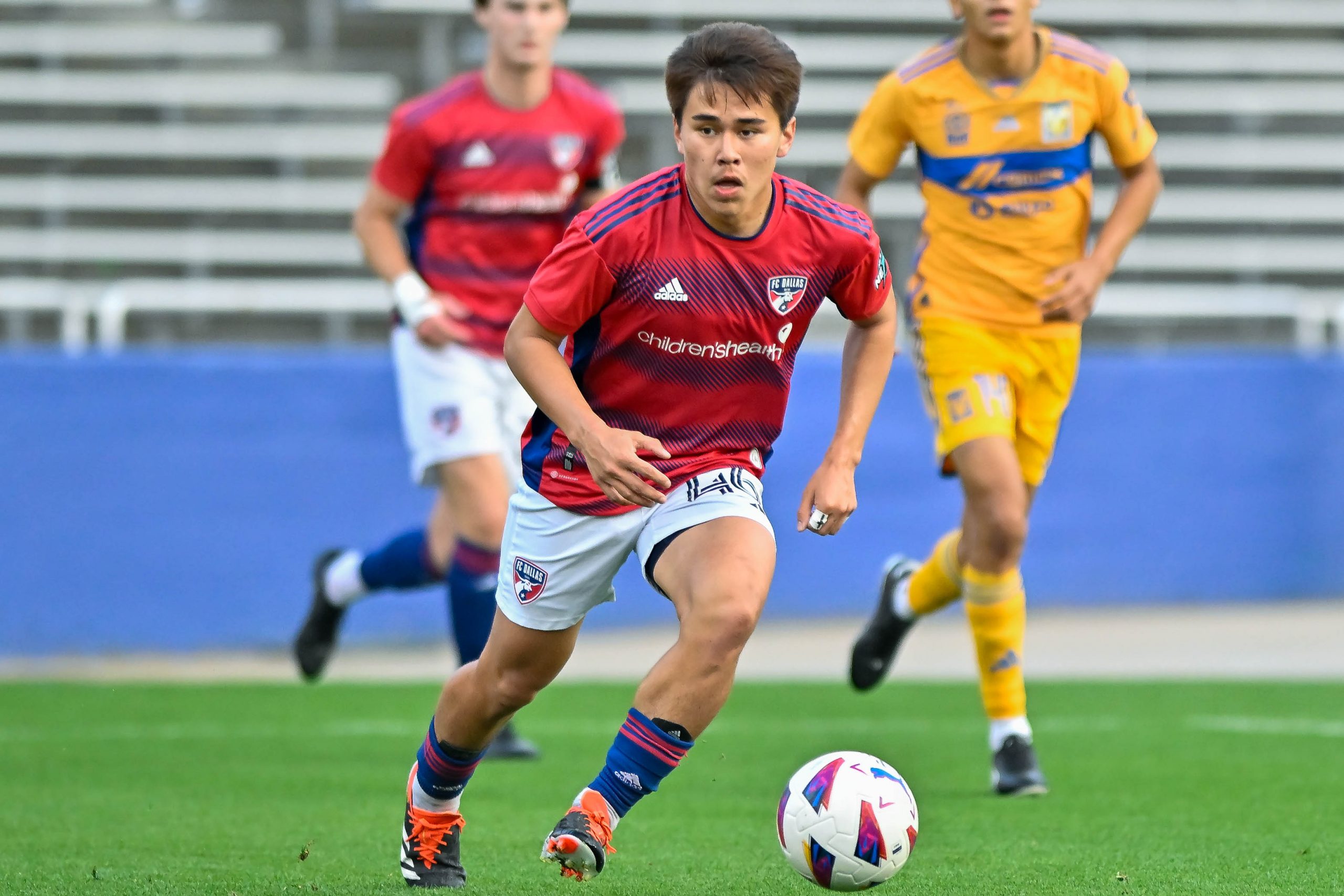 FC Dallas U19 midfielder Isaac Romero dribbles up field in the Dallas Cup match against Tigers UANL at the Cotton Bowl on Sunday, March 24,2024. (Daniel McCullough, 3rd Degree)
