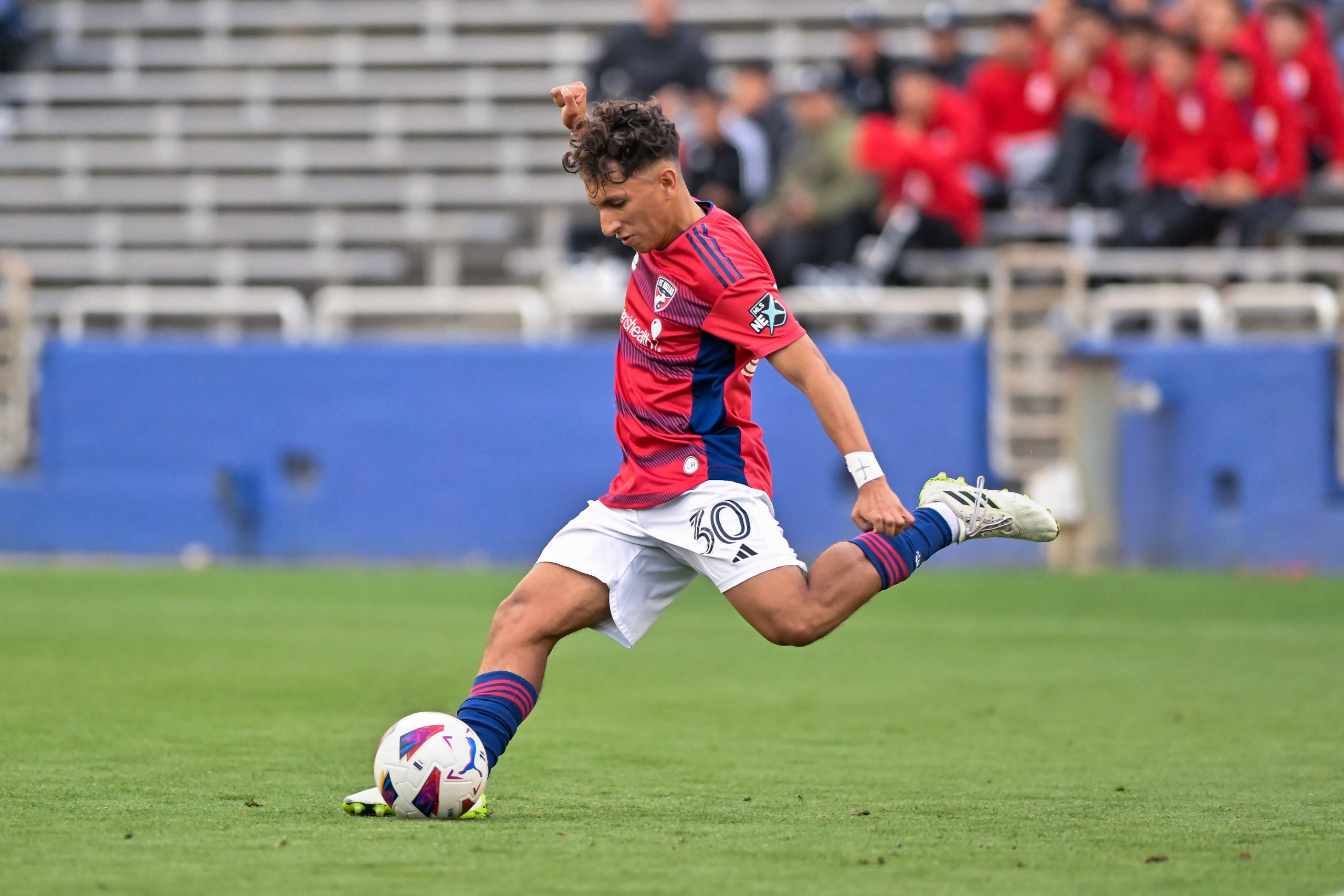 FC Dallas U19 midfielder Jared Salazar takes a free kick in the Dallas Cup match against Tigers UANL at the Cotton Bowl on Sunday, March 24,2024. . (Daniel McCullough, 3rd Degree)