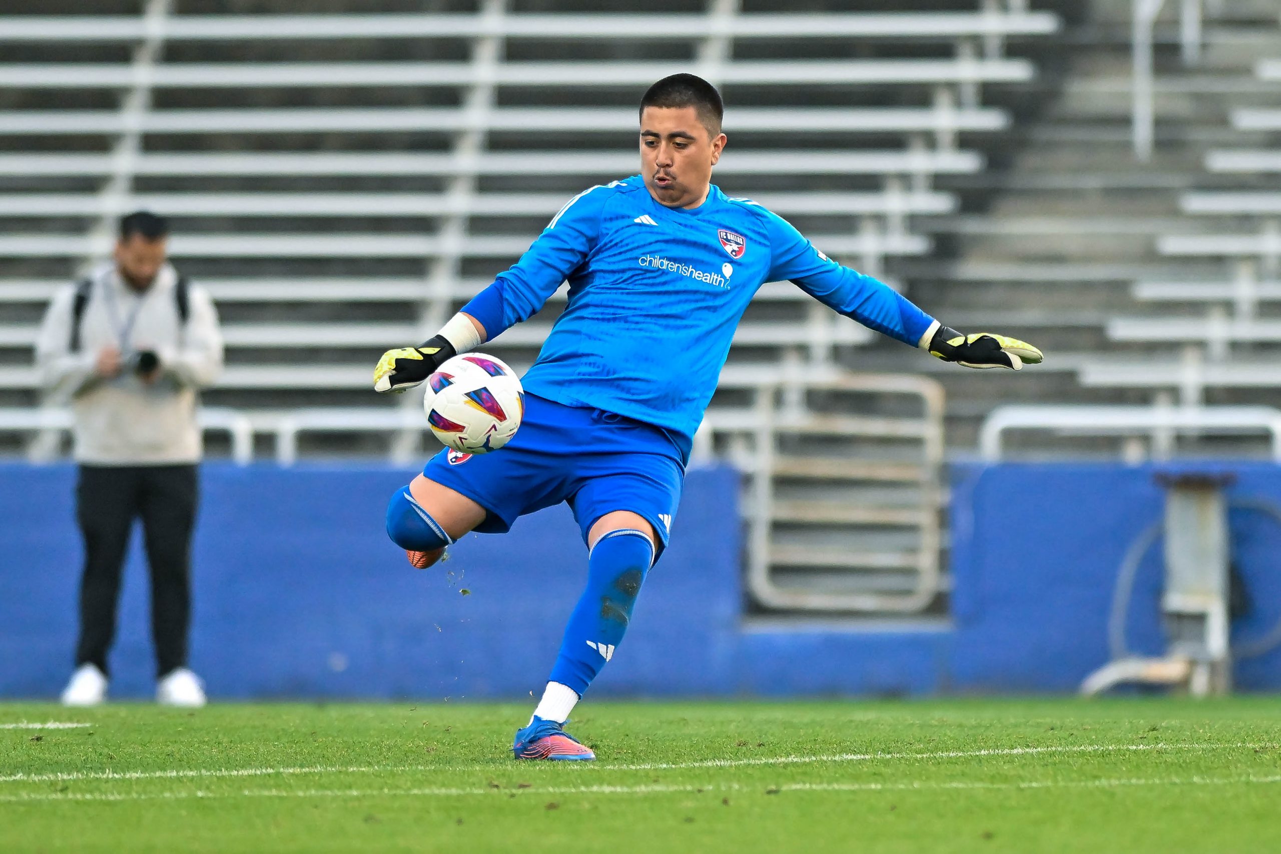 FC Dallas U19 goalkeeper Victor Gomez punts the ball in the Dallas Cup match against Tigers UANL at the Cotton Bowl on Sunday, March 24,2024. (Daniel McCullough, 3rd Degree)