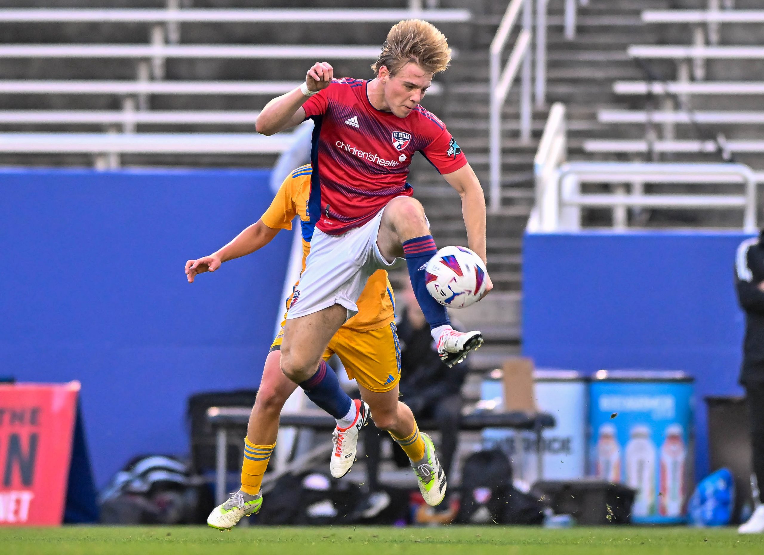 FC Dallas U19 defender Aiden Bazzell intercepts a pass in the Dallas Cup match against Tigers UANL at the Cotton Bowl on Sunday, March 24,2024. (Daniel McCullough, 3rd Degree)