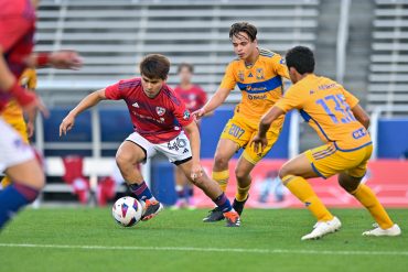FC Dallas U19 midfielder Isaac Romero dribbles away from trouble in the Dallas Cup match against Tigers UANL at the Cotton Bowl on Sunday, March 24,2024. (Daniel McCullough, 3rd Degree)