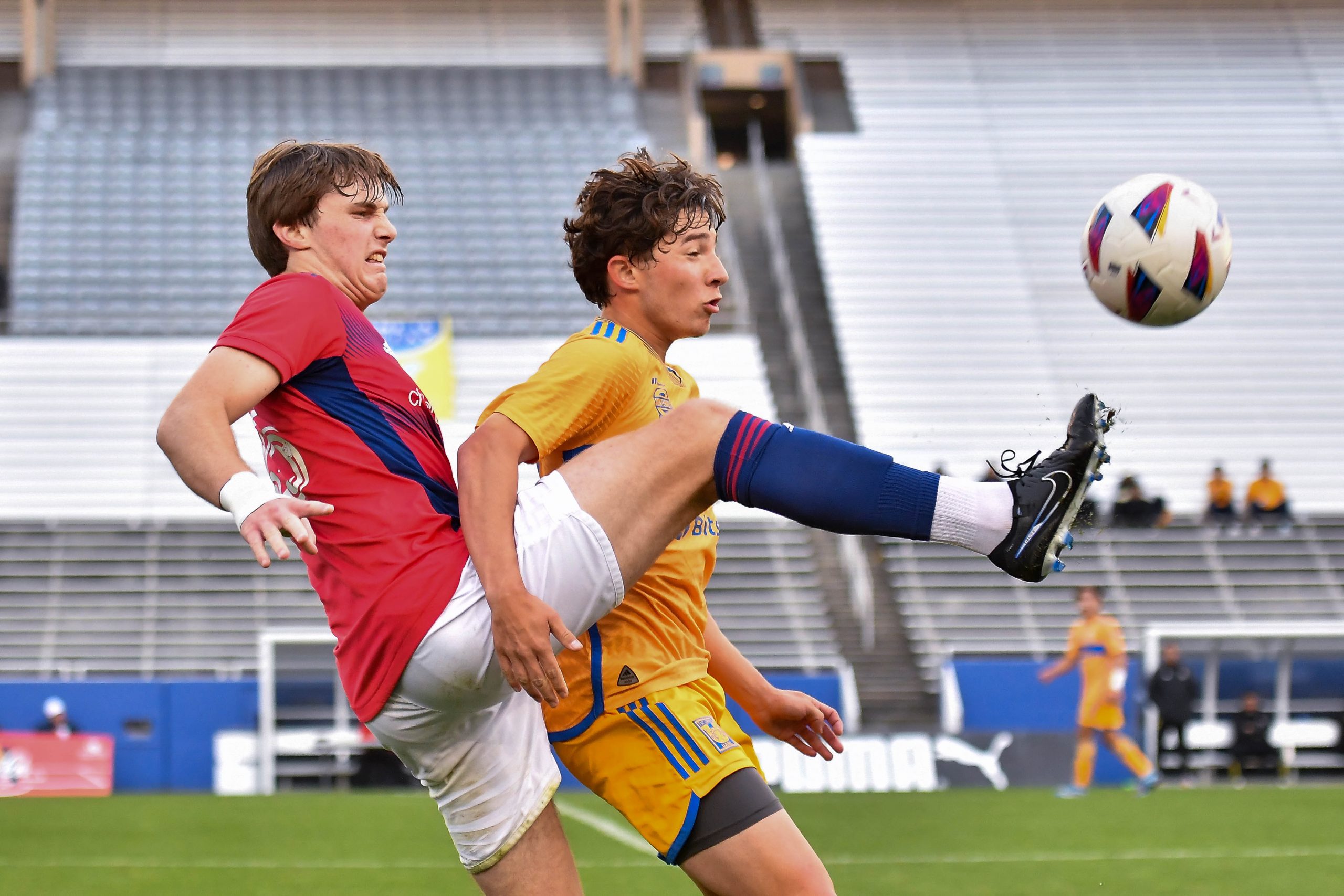 FC Dallas U19 defender Luke Shreiner blocks the pass in the Dallas Cup match against Tigers UANL at the Cotton Bowl on Sunday, March 24,2024. (Daniel McCullough, 3rd Degree)