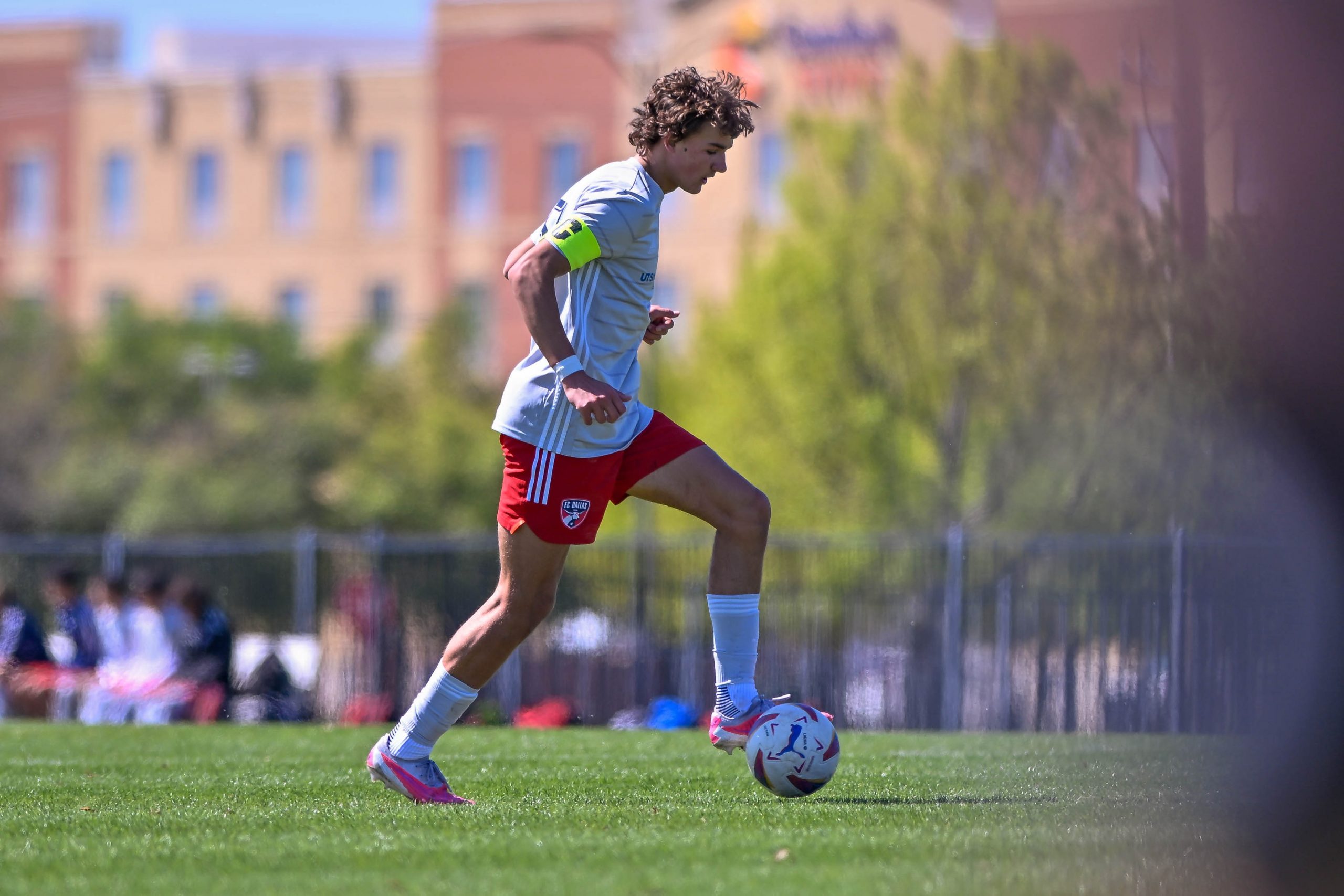 FC Dallas U17 ECNL White defender Antonie Van Tonder dribbles up field in the Dallas Cup match against Doral SC at Toyota Soccer Center on March 26, 2024. (Daniel McCullough, 3rd Degree)