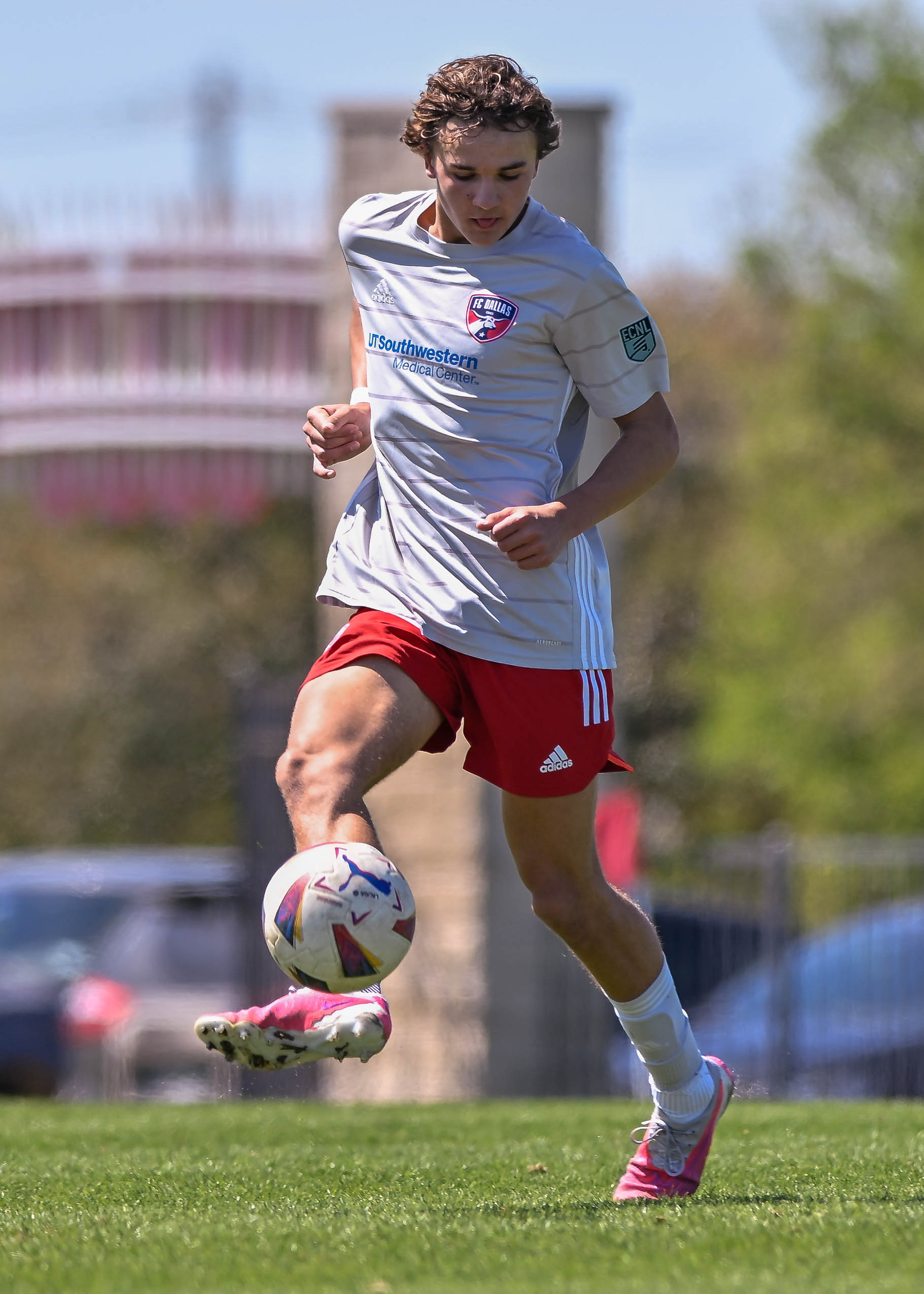 FC Dallas U17 ECNL White defender Antonie Van Tonder clears the ball in the Dallas Cup match against Doral SC at Toyota Soccer Center on March 26, 2024. (Daniel McCullough, 3rd Degree)