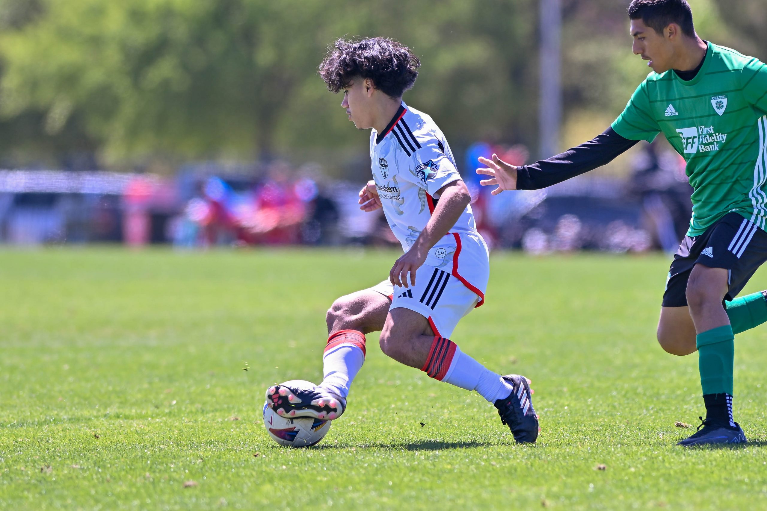 FC Dallas U16 midfielder Andre Saucedo turns away from goal in the Dallas Cup match against Celtic RL at Toyota Soccer Center on Tuesday, March 26, 2024. (Daniel McCullough, 3rd Degree)