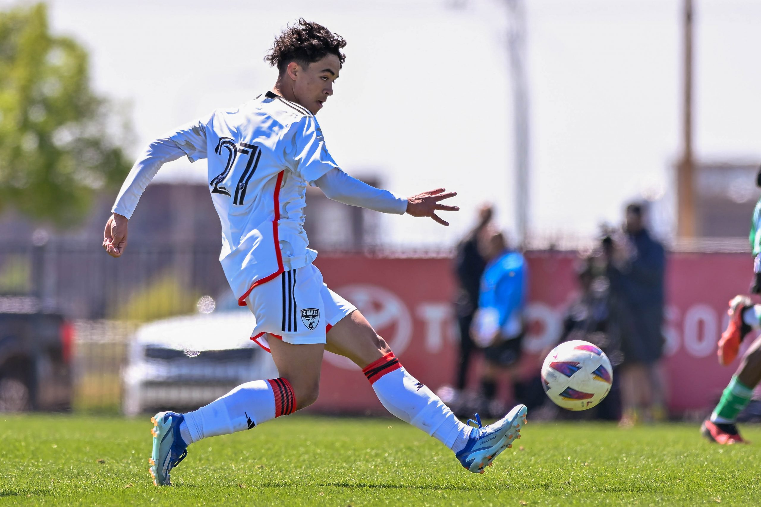 FC Dallas U16 midfielder Ougir Vega shoots in the Dallas Cup match against Celtic RL at Toyota Soccer Center on Tuesday, March 26, 2024. (Daniel McCullough, 3rd Degree)
