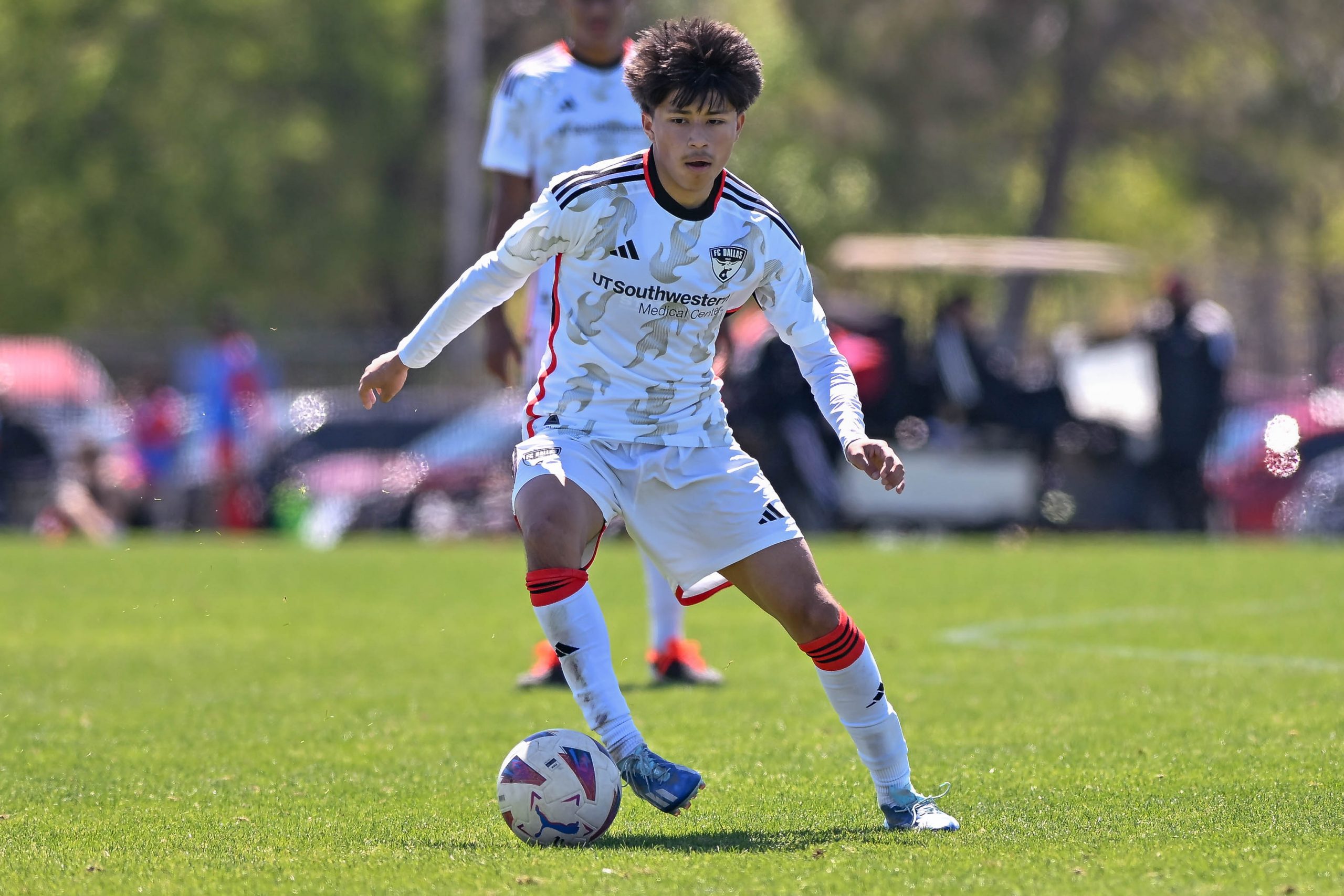 FC Dallas U16 defender Edgar Razo cuts outside in the Dallas Cup match against Celtic RL at Toyota Soccer Center on Tuesday, March 26, 2024. (Daniel McCullough, 3rd Degree)