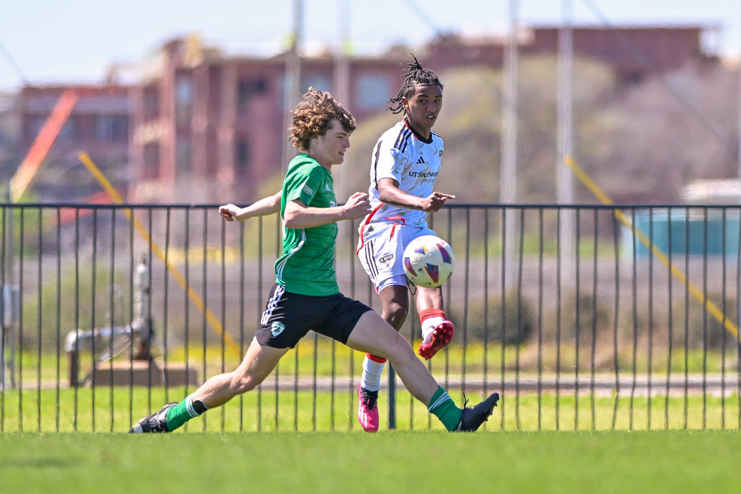 FC Dallas U16 forward Tadesse Hart crosses the ball in the Dallas Cup match against Celtic RL at Toyota Soccer Center on Tuesday, March 26, 2024. (Daniel McCullough, 3rd Degree)