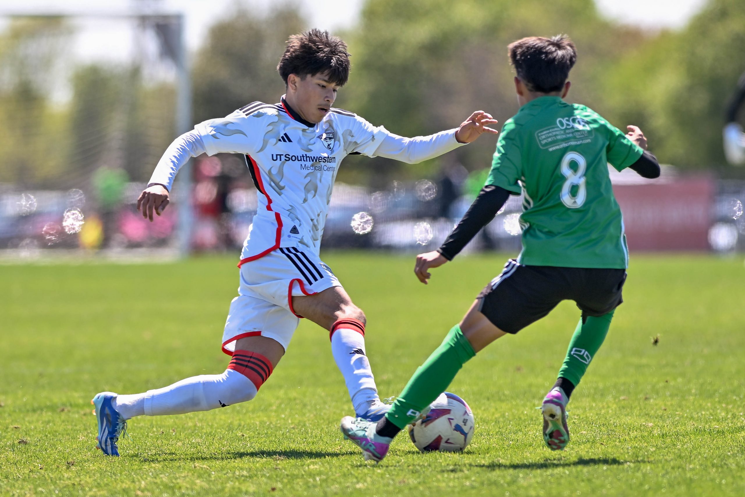 FC Dallas U16 defender Edgar Razo cuts inside in the Dallas Cup match against Celtic RL at Toyota Soccer Center on Tuesday, March 26, 2024. (Daniel McCullough, 3rd Degree)