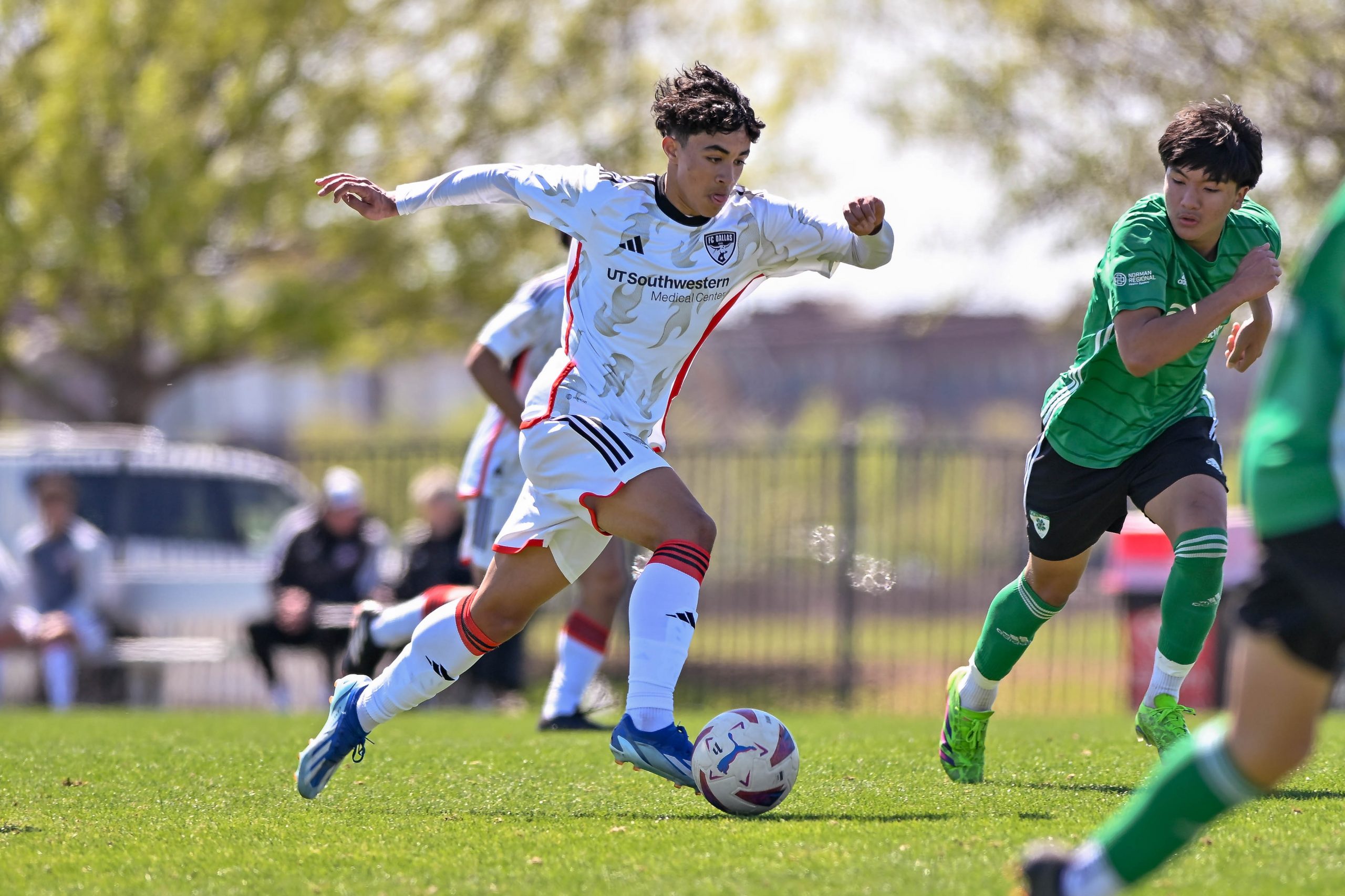FC Dallas U16 defender Gio Alvarez dribbles through the midfield in the Dallas Cup match against Celtic RL at Toyota Soccer Center on Tuesday, March 26, 2024. (Daniel McCullough, 3rd Degree)