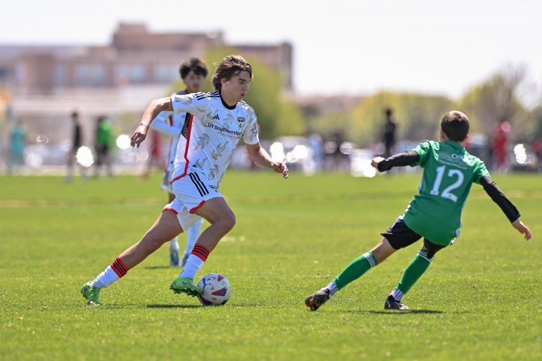 FC Dallas U16 midfielder Wyatt Easterly dribbles across the field in the Dallas Cup match against Celtic RL at Toyota Soccer Center on Tuesday, March 26, 2024. (Daniel McCullough, 3rd Degree)