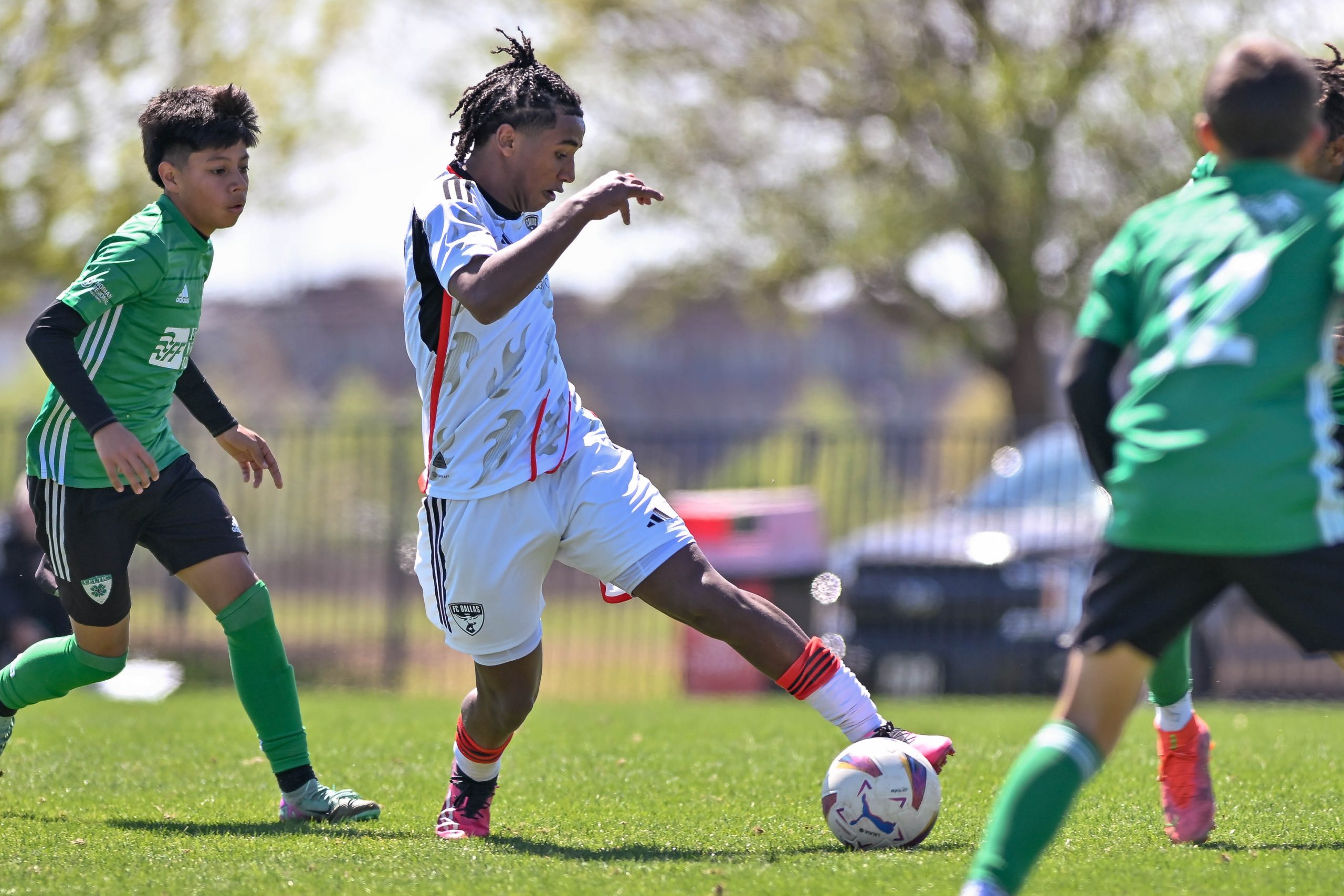FC Dallas U16 forward Tadesse Hart dribbles in the box in the Dallas Cup match against Celtic RL at Toyota Soccer Center on Tuesday, March 26, 2024. (Daniel McCullough, 3rd Degree)