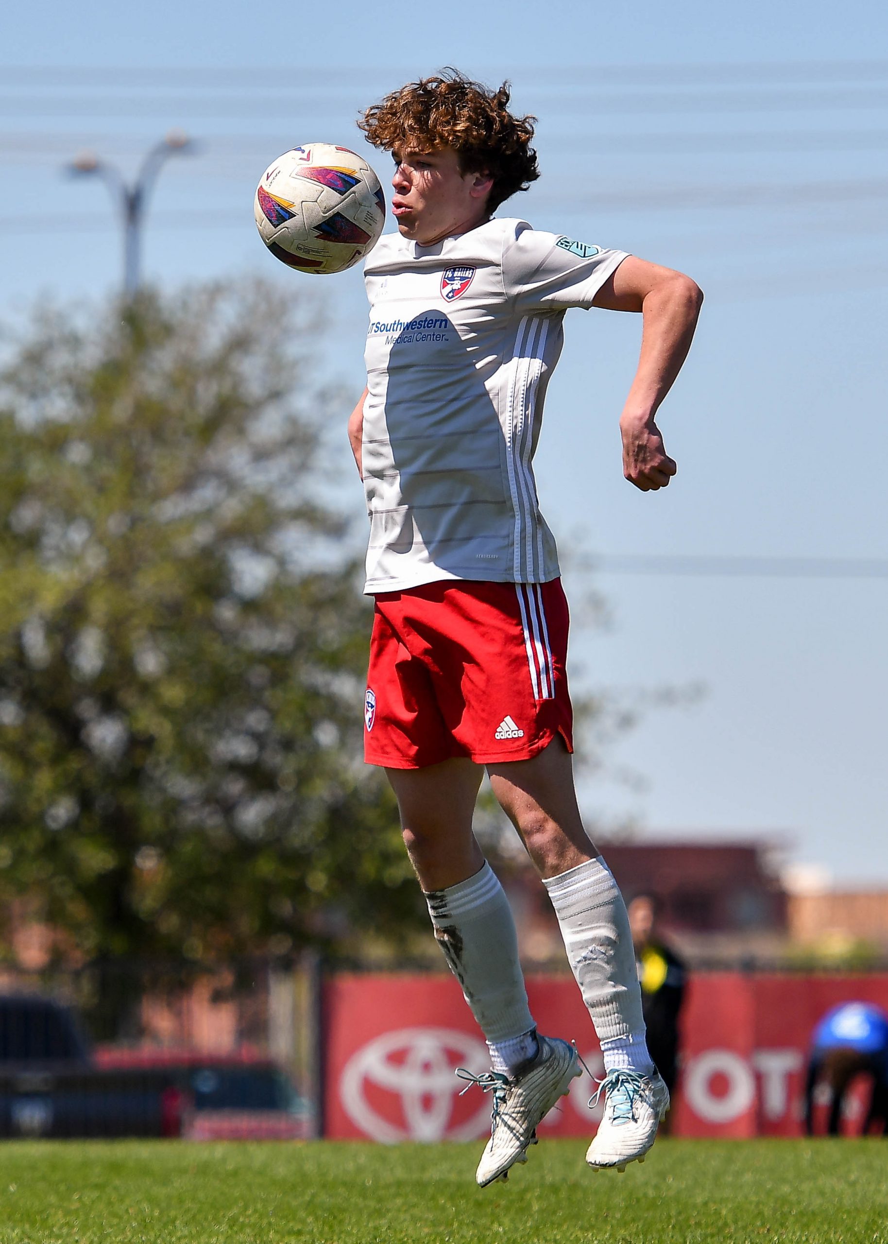 FC Dallas U17 ECNL White defender Jace Brewer controls the ball in the Dallas Cup match against Doral SC at Toyota Soccer Center on March 26, 2024. (Daniel McCullough, 3rd Degree)