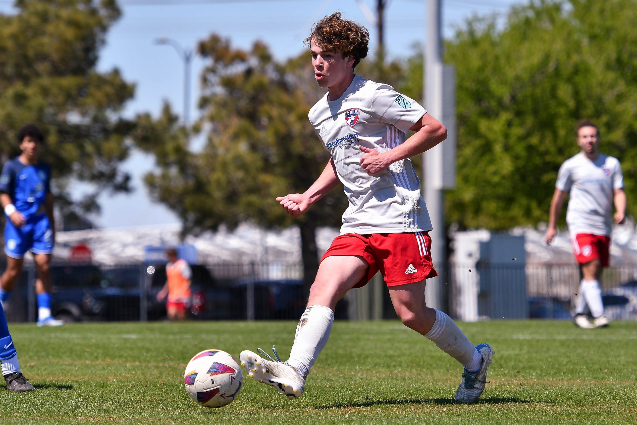 FC Dallas U17 ECNL White defender Jace Brewer passes in the Dallas Cup match against Doral SC at Toyota Soccer Center on March 26, 2024. (Daniel McCullough, 3rd Degree)