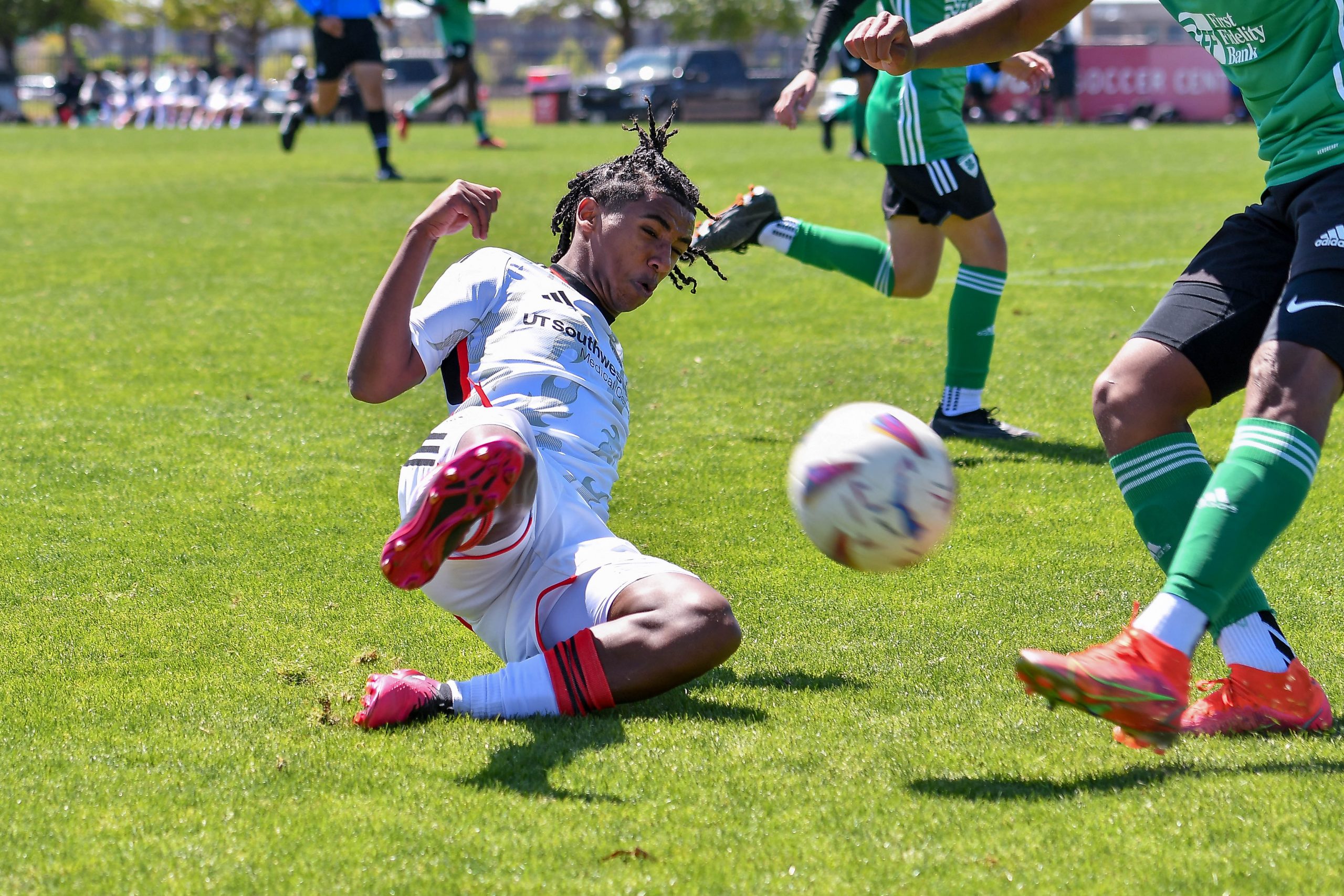FC Dallas U16 forward Tadesse Hart blocks a pass in the Dallas Cup match against Celtic RL at Toyota Soccer Center on Tuesday, March 26, 2024. (Daniel McCullough, 3rd Degree)