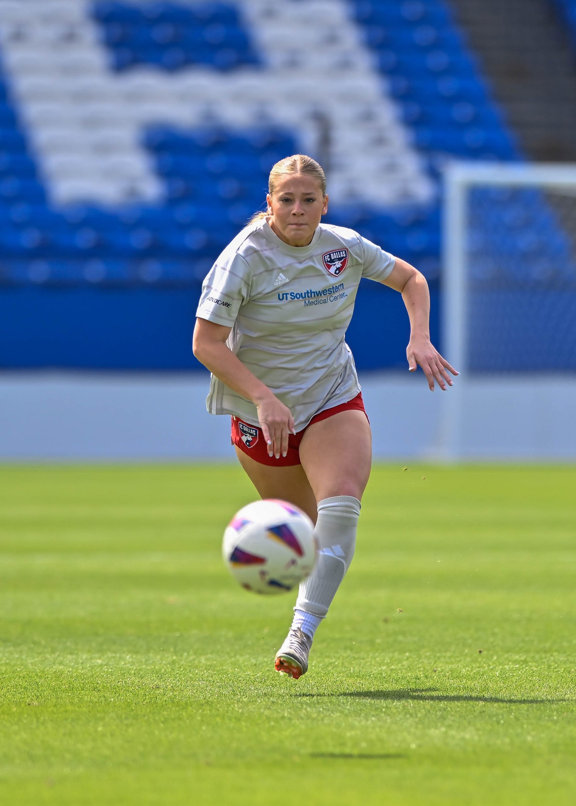 FC Dallas ECNL midfielder Natalie Wagner chases down a long pass in the Dallas Cup U17 Final against Eintracht Frankfurt at Toyota Stadium on Saturday, March 29, 2024. (Daniel McCullough, 3rd Degree)