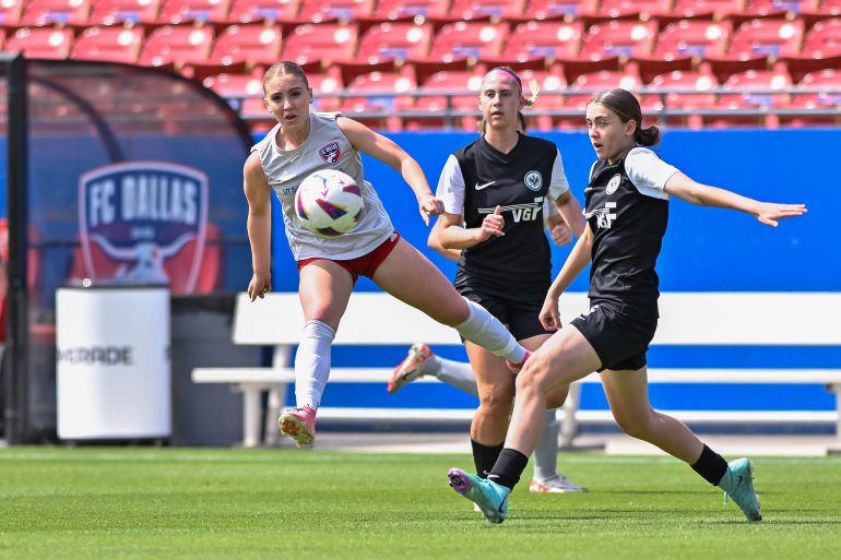 FC Dallas ECNL midfielder Charli Harris cross the ball into the box in the Dallas Cup U17 Final against Eintracht Frankfurt at Toyota Stadium on Saturday, March 29, 2024. (Daniel McCullough, 3rd Degree)