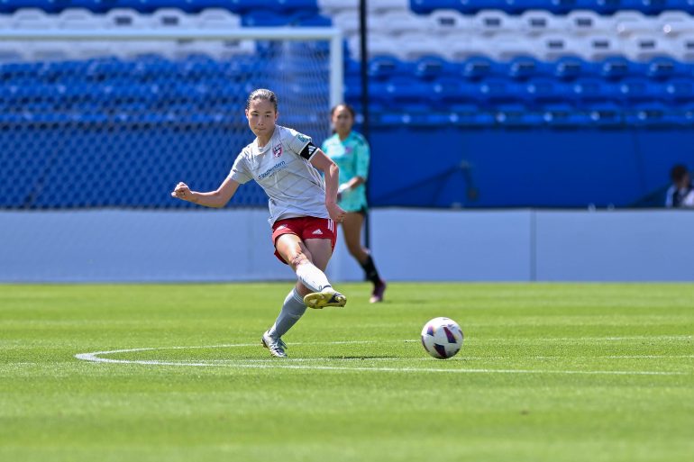 FC Dallas midfielder Kiara Gilmore passes across the center line in the Dallas Cup U17 Final against Eintracht Frankfurt at Toyota Stadium on Saturday, March 29, 2024. (Daniel McCullough, 3rd Degree)