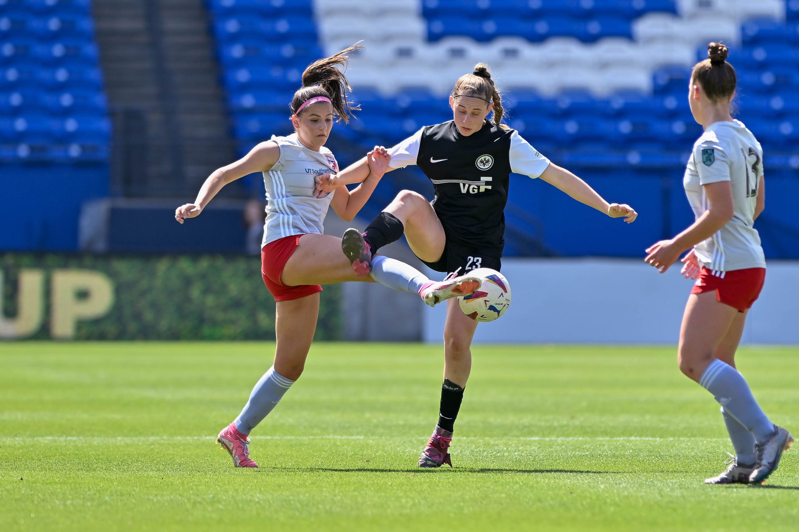 FC Dallas ECNL midfielder Izy Traub competes for the loose ball in the Dallas Cup U17 Final against Eintracht Frankfurt at Toyota Stadium on Saturday, March 29, 2024. (Daniel McCullough, 3rd Degree)