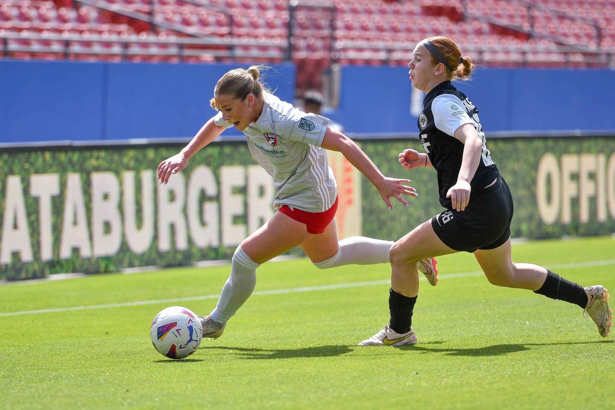 FC Dallas ECNL midfielder Natalie Wagner races toward the end line in the Dallas Cup U17 Final against Eintracht Frankfurt at Toyota Stadium on Saturday, March 29, 2024. (Daniel McCullough, 3rd Degree)