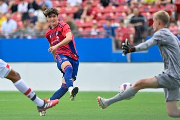 Daniel Baran of the FC Dallas U19s shoots and scores in the Dallas Cup Super Group Final against São Paulo FC at Toyota Stadium on Sunday, March 31, 2024. (Daniel McCullough, 3rd Degree)